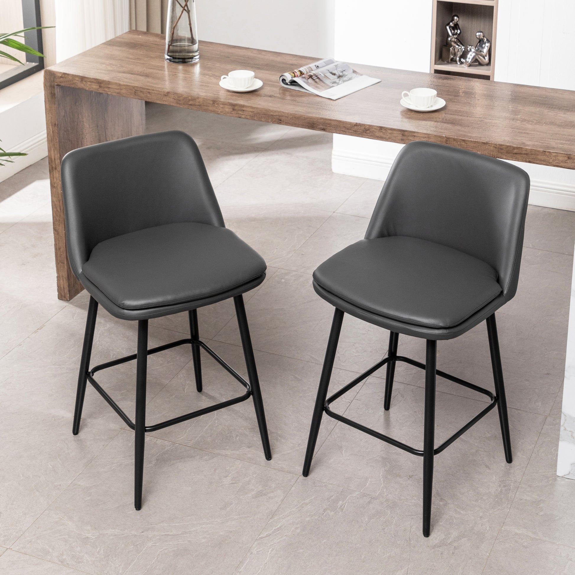 Counter Height Swivel Bar Stools Set Of 2, 360 Swivel Upholstered Barstools With Back And Metal Legs, 25.6" Seat Height,Counter Stools For Kitchen Island And Pub,Faux Leather,Grey Dark Grey Set Of 2 Pu Leather