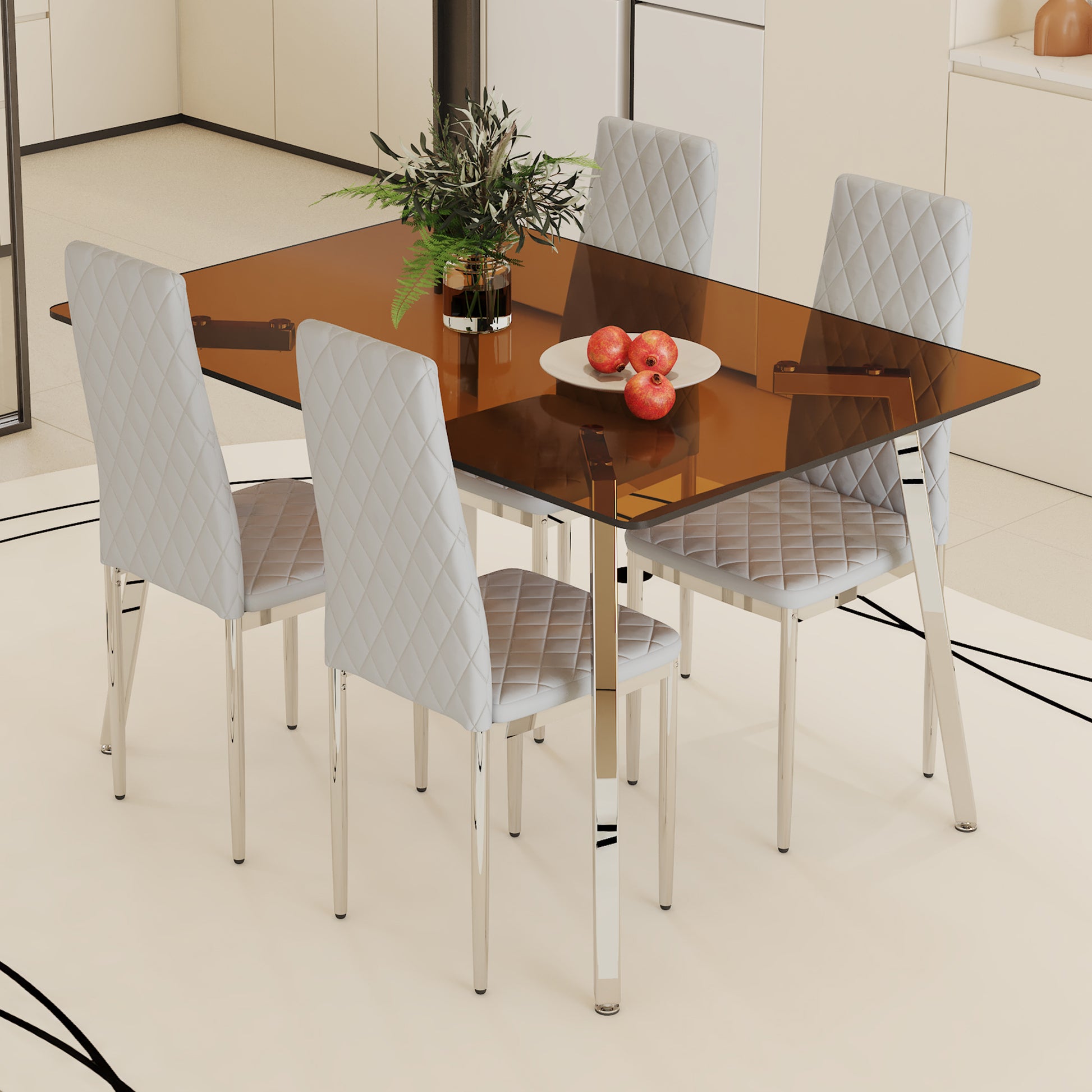 Table And Chair Set.Large Modern Rectangular Table With Brown Glass Top And Silver Metal Legs. Paired With 4 Light Gray Chairs With Checkered Armless High Back Pu Cushion And Silver Metal Legs. Light Gray,Silver Seats 4 Glass Metal