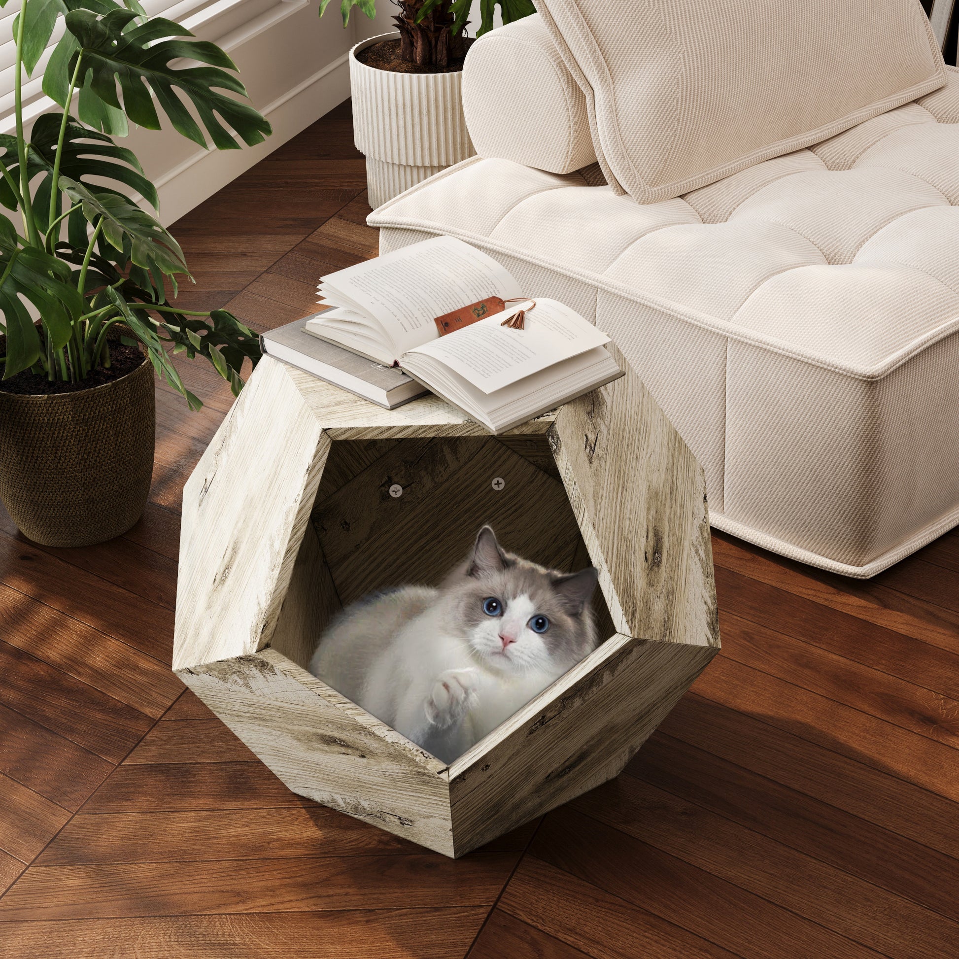 25.98'' Modern Pet Furniture Cat Litter Box, Sofa Side Table, Planter Mdf Multifunctional Furniture, Colored Flower Oak White Oak Mdf