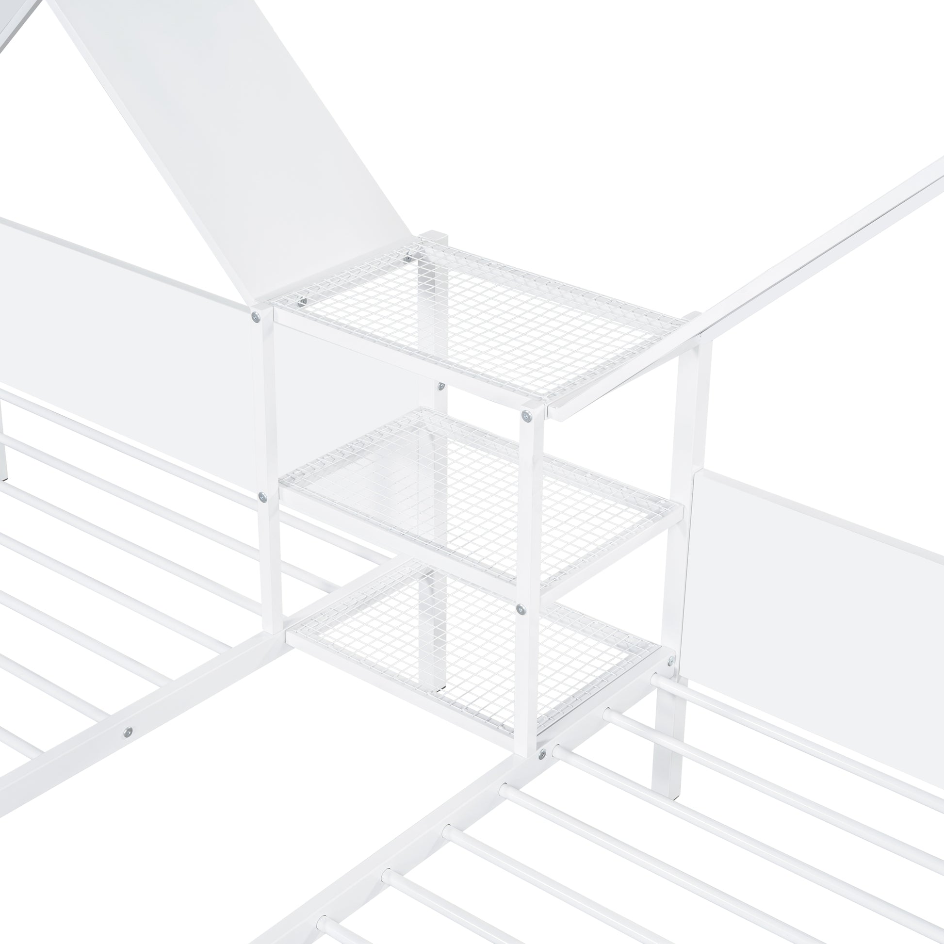 Metal Double Twin Size Platform Bed With House Shaped Headboard And A Built In Nightstand, White Box Spring Not Required Twin White Metal Metal