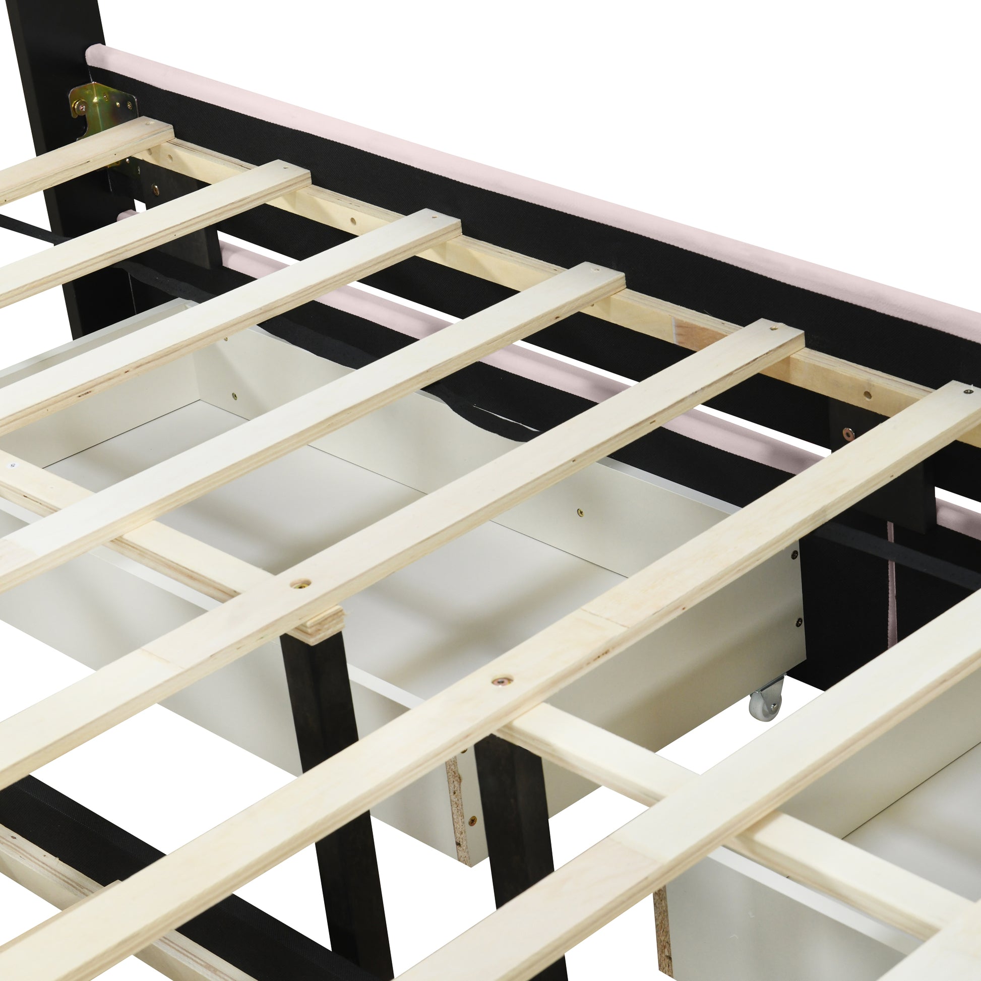 Queen Size Upholstered Platform Bed With 2 Drawers And 1 Trundle, Classic Metal Strip Headboard Design, Pink Queen Pink Mdf Lvl