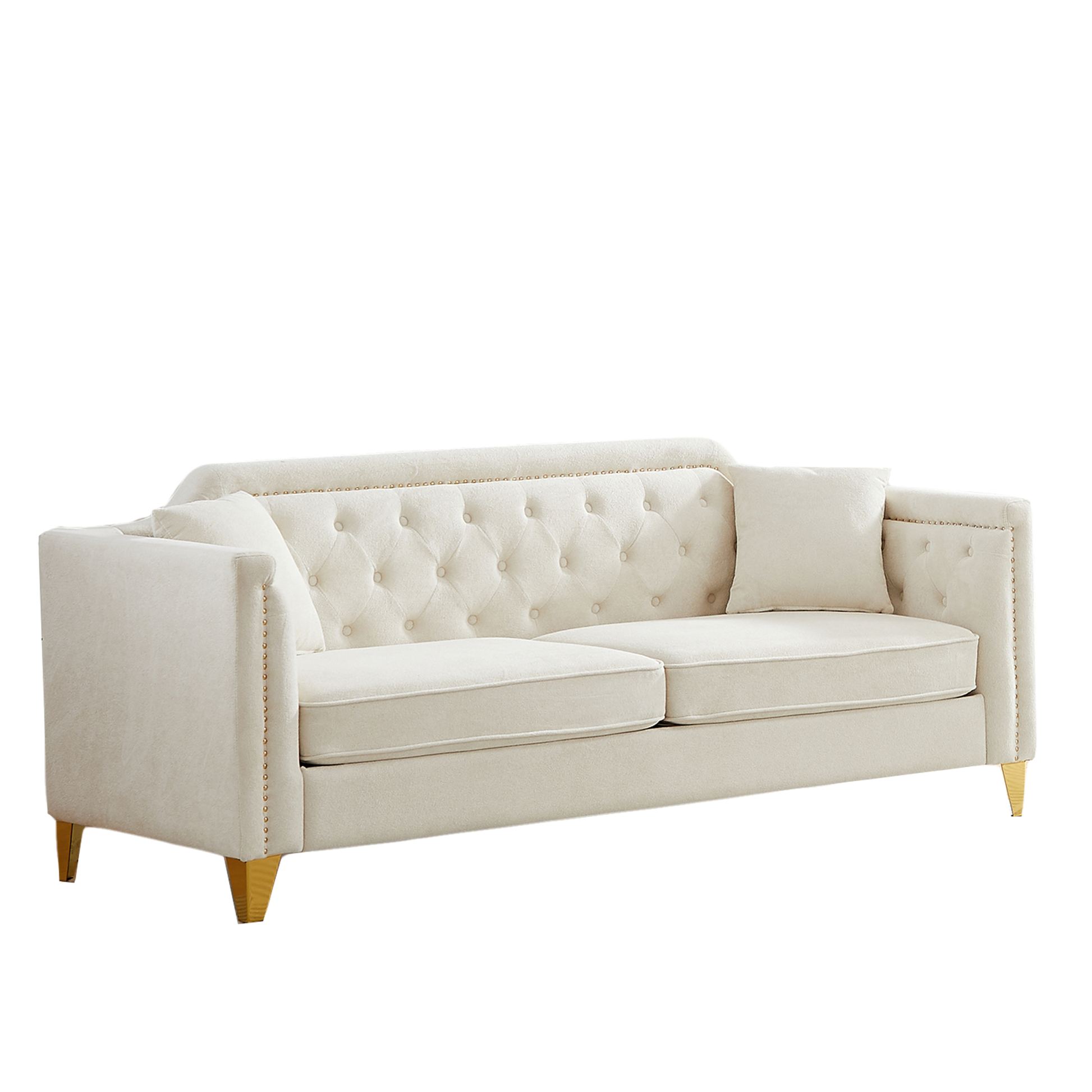 Fx 81"Mid Century Design Modern Sofa,Chenille Pull Buckle Design Sofa For Living Room,Buttons Tufted With Copper Nail Decoration Armrest, With 2 Pillows,Modern Couch Upholstered Button And Metal Leg Beige Chenille Pine Foam Fabric 3 Seat