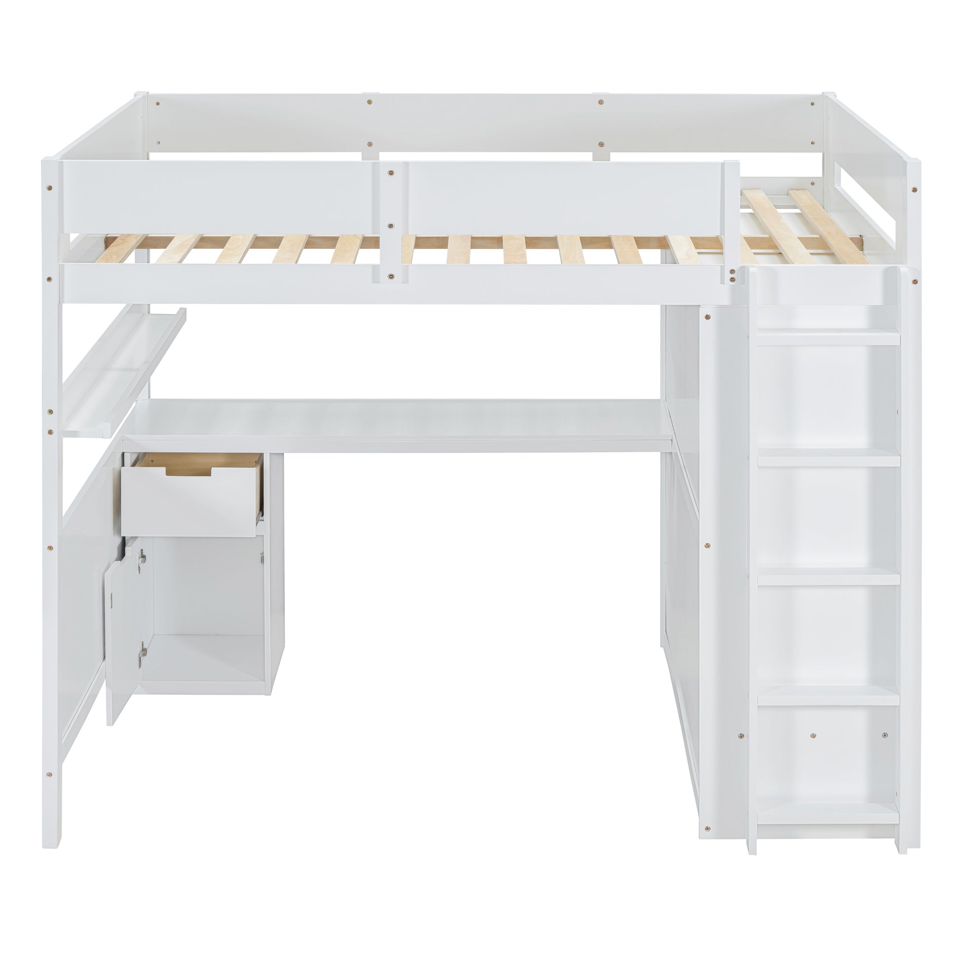 Full Size Wooden Loft Bed With Wardrobe, Desk, Drawers, Shelves, White Full White Plywood