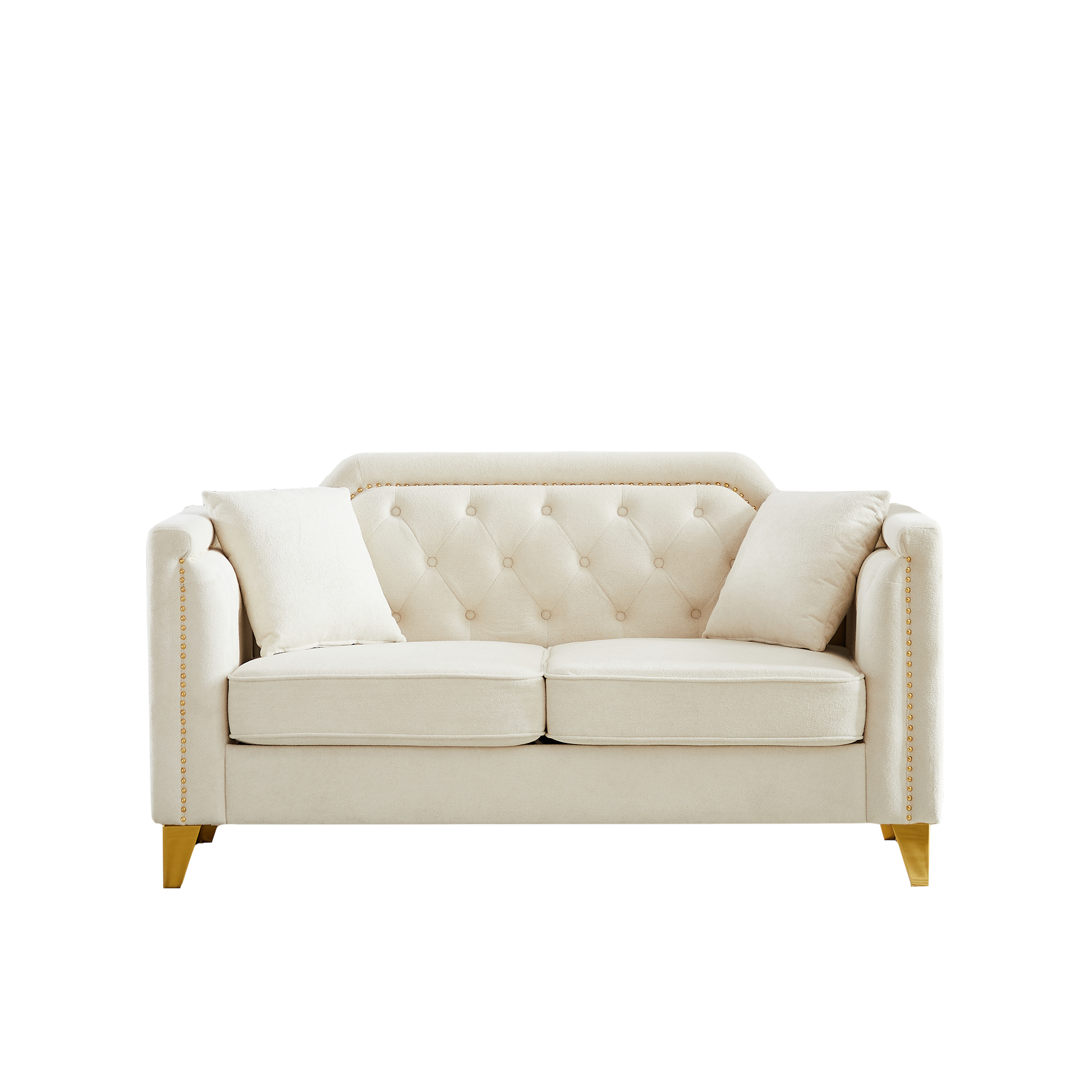 Fx 61.5"Mid Century Design Modern Sofa,Chenille Pull Buckle Design Sofa For Living Room,Buttons Tufted With Copper Nail Decoration Armrest, With 2 Pillows,Modern Couch Upholstered Button And Metal Leg Beige Chenille Wood Pine Foam Fabric 2 Seat