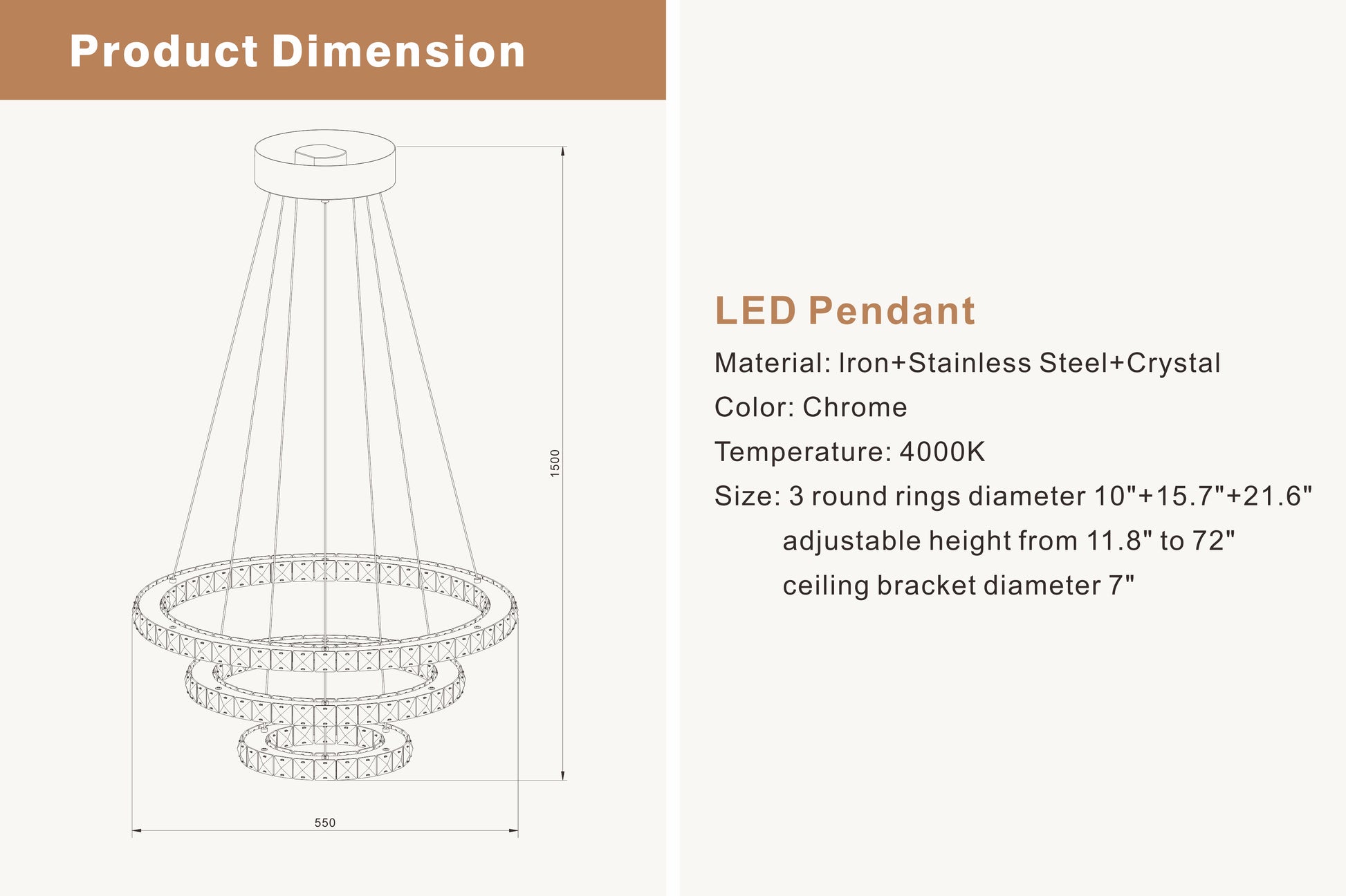 3 Layers Round Ring Chandelier, Iron Stainless Steel Crystal Chrome Color 4000K Natural White Lighting Fixtures, 60W Led Pendant Light For Living Room Dining Room Chrome Ceiling Lights 3100K 4200K