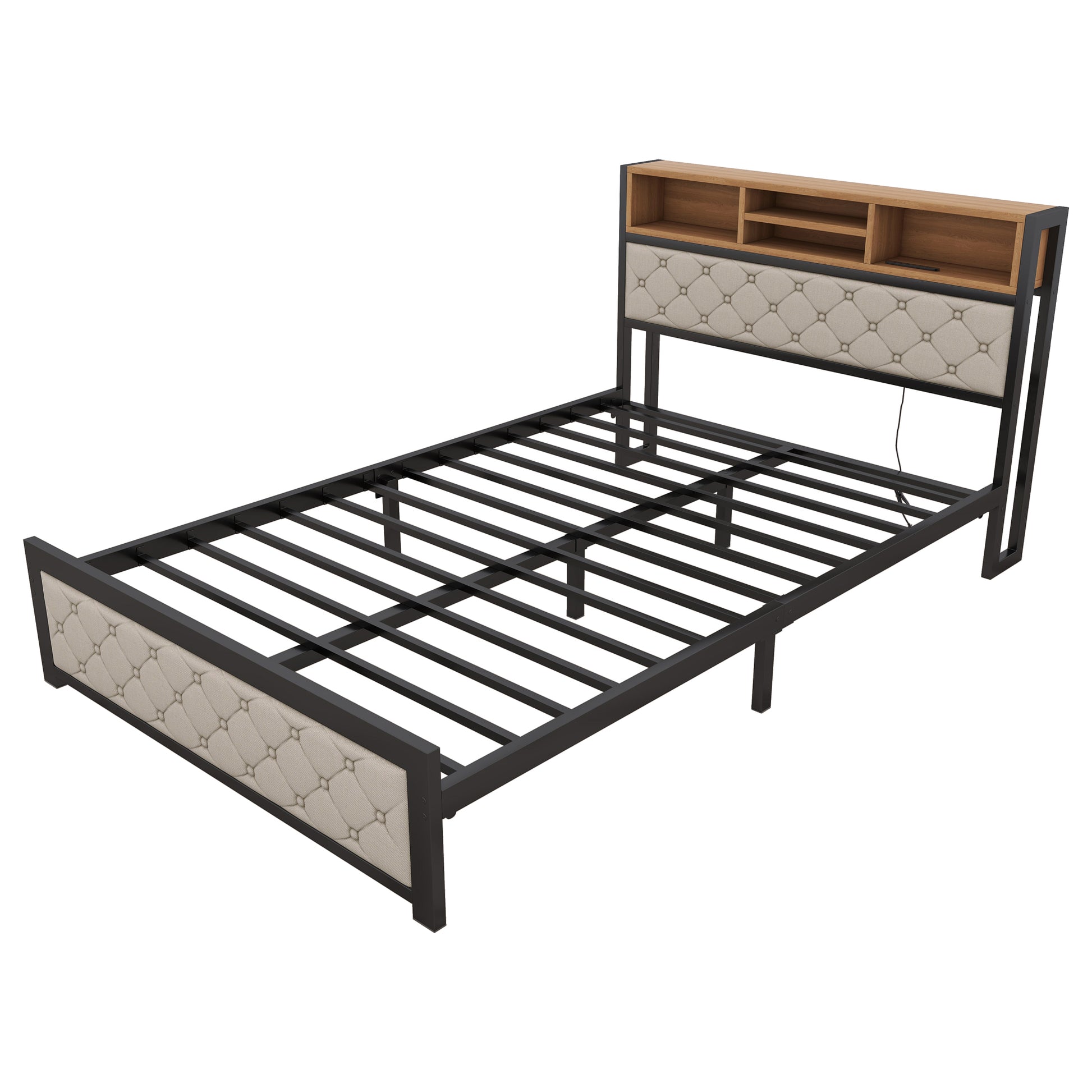 Metal Full Size Platform Bed With 4 Drawers, Upholstered Headboard And Footboard, Sockets And Usb Ports, Beige Full Beige Black Fabric Metal