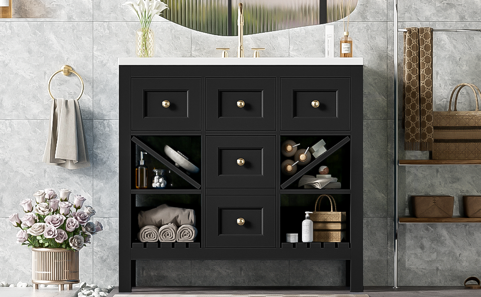 36'' Bathroom Vanity With Resin Sink Combo, Solid Wood Frame Bathroom Storage Cabinet, Freestanding Vanity Set With 5 Drawers& Soft Closing Doors Same As N710S136001B Black Bathroom Solid Wood Mdf Resin