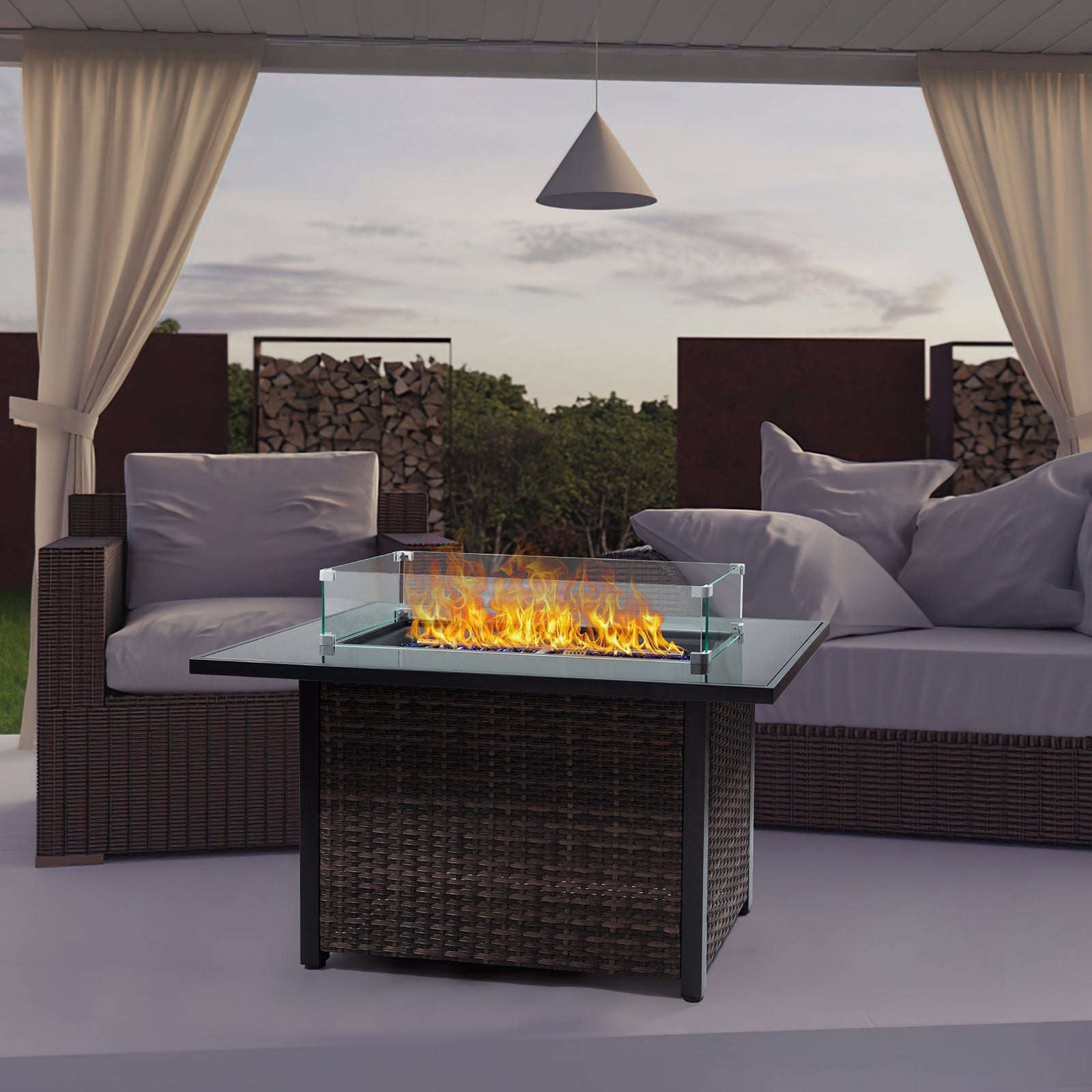 Outdoor Fire Pit 50,000 Btu Propane Gas Fire Table With Lid Fireplace With Glass Wind Guard Wicker Base For Garden, Patio, Backyard, 44" Black Brown Garden & Outdoor Modern Pe Rattan Iron,Rattan