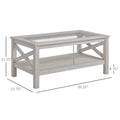 Homcom Farmhouse Style Coffee Table With Wood Frame, Tempered Glass Tabletop And Underneath Storage Shelf, Side Table For Living Room, 39.25
