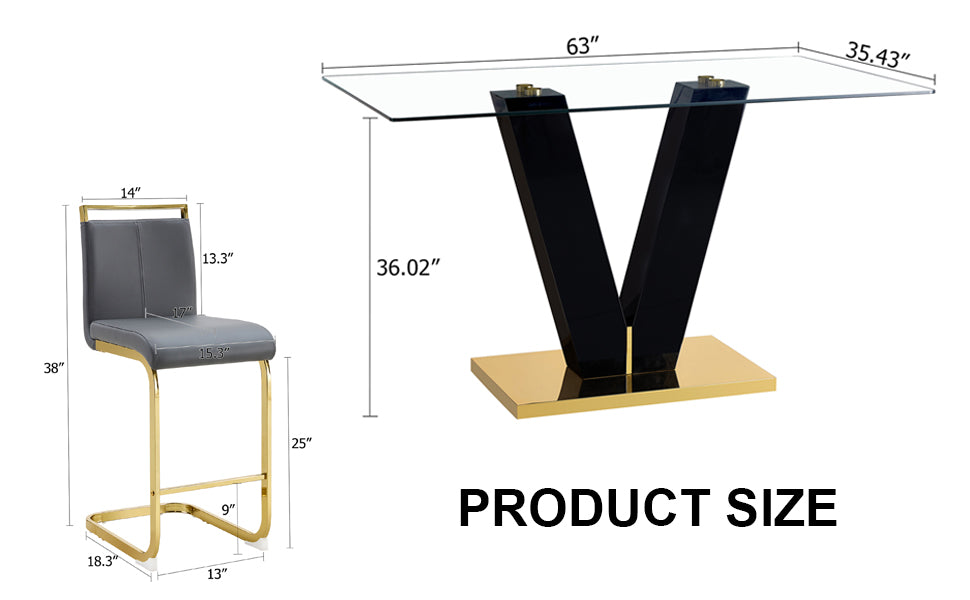 Table And Chair Set,Clear Tempered Glass And Black Legs Of The Table, Pu And Gold Legs Of The Chair Black Grey Seats 6 Tempered Glass