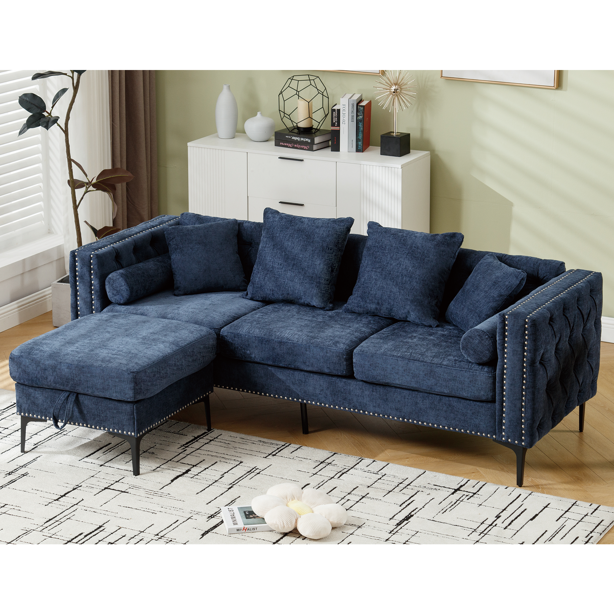 Arrived L Shaped Sectional Sofaconvertible Storage Ottoman,Chenille ,Square Arm, Modern Tufted Couch ,3 Seater, And Nailhead,Blue Blue Polyester Wood Primary Living Space Medium Soft Tufted Back Modern Square Arms Metal & Wood 4 Seat