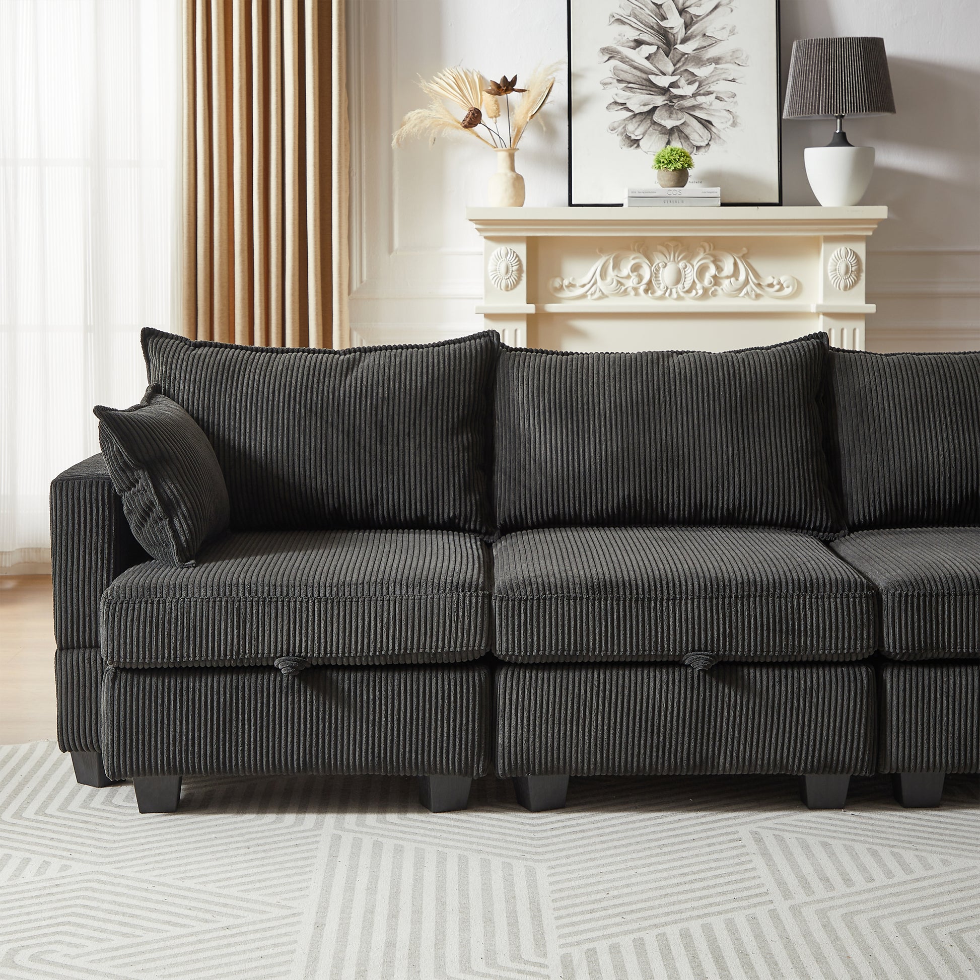 113.5'' Modular Sectiona Corduroy Sofa, Sectional Couches For Living Room U Shaped Sectional Couch With Storage Ottoman, 6 Seats Convertible Sectionals With Chaise Black Corduroy 6 Seat