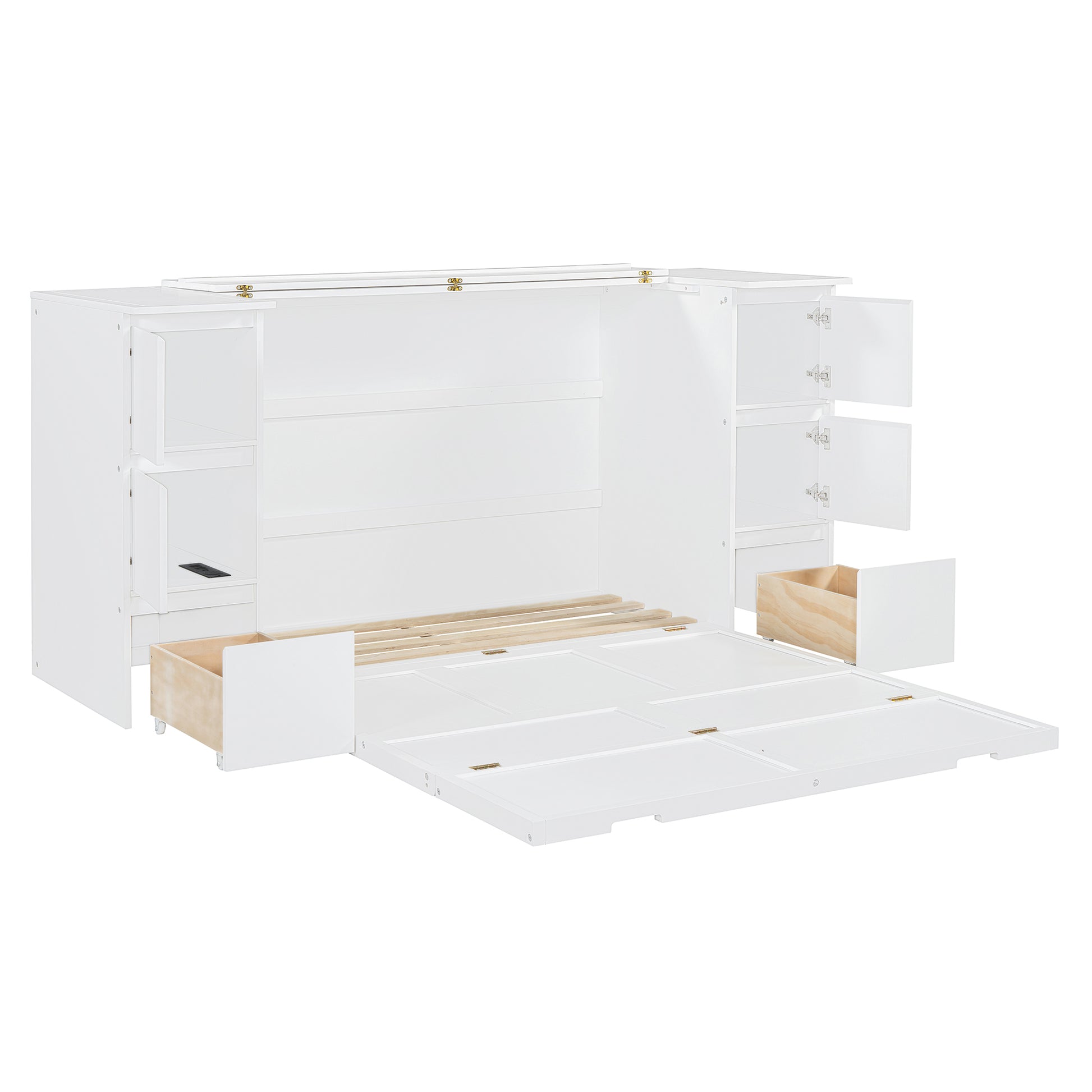 Full Size Murphy Bed With Drawers, Cabinets And Usb Ports,White Full White Mdf Lvl
