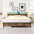 Industrial King Bed Frame With Led Lights And 2 Usb Ports, Bed Frame King Size With Storage, Noise Free, No Box Spring Needed, Rustic Brown Box Spring Not Required King Antique Brown Metal Brown Bedroom Industrial Metal & Wood