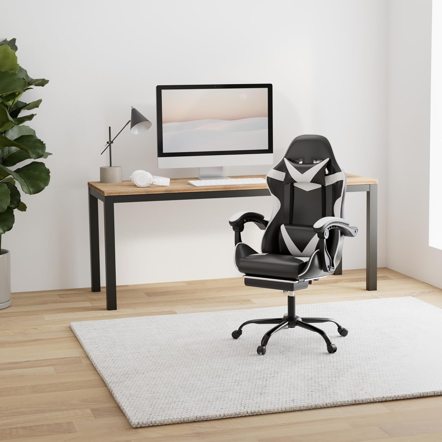 Gaming Chair With Footrest, Big And Tall Gamer Chair, Racing Style Adjustable Swivel Office Chair, Ergonomic Video Game Chairs With Headrest And Lumbar Support White Black Faux Leather