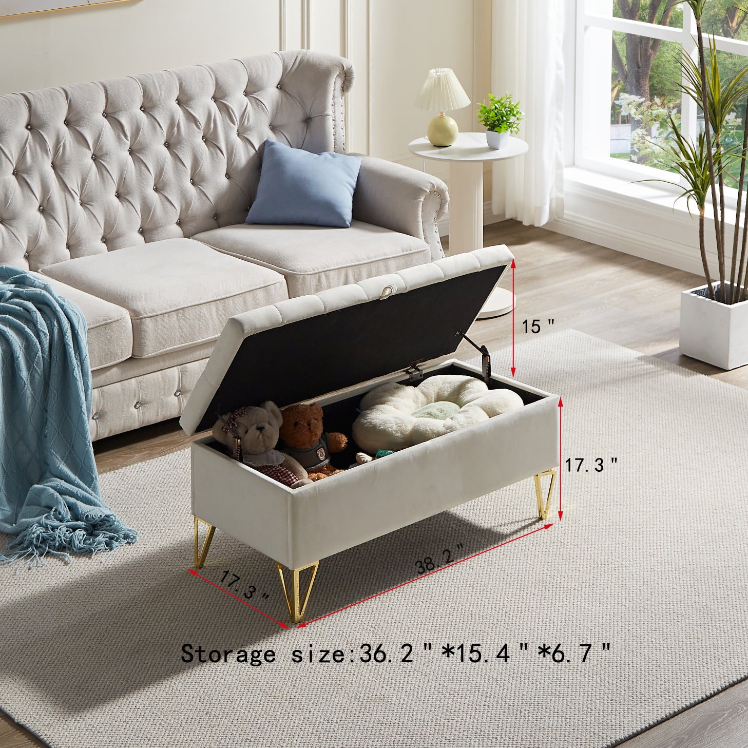 Fashion Light Grey Velvet Fabric Upholstered Large Storage Rectangular Bench For Entryway Bench,Bedroom End Of Bed Bench.Foot Of The Bed,Bench For Sofa For Living Room. Gold Feet Stainless Steel Gray Fabric