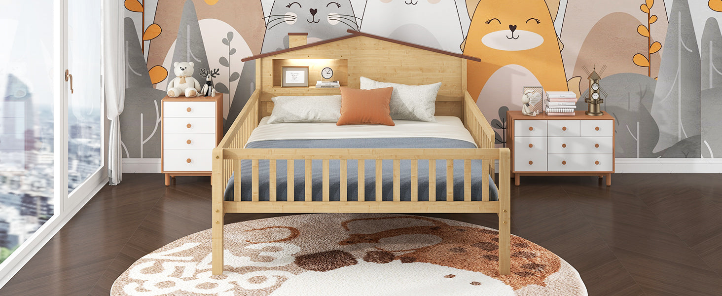Full Size Wood Platform Bed With House Shaped Headboard, Led And Built In Storage, Natural Box Spring Not Required Full Natural Wood Bedroom Bed Frame Wood