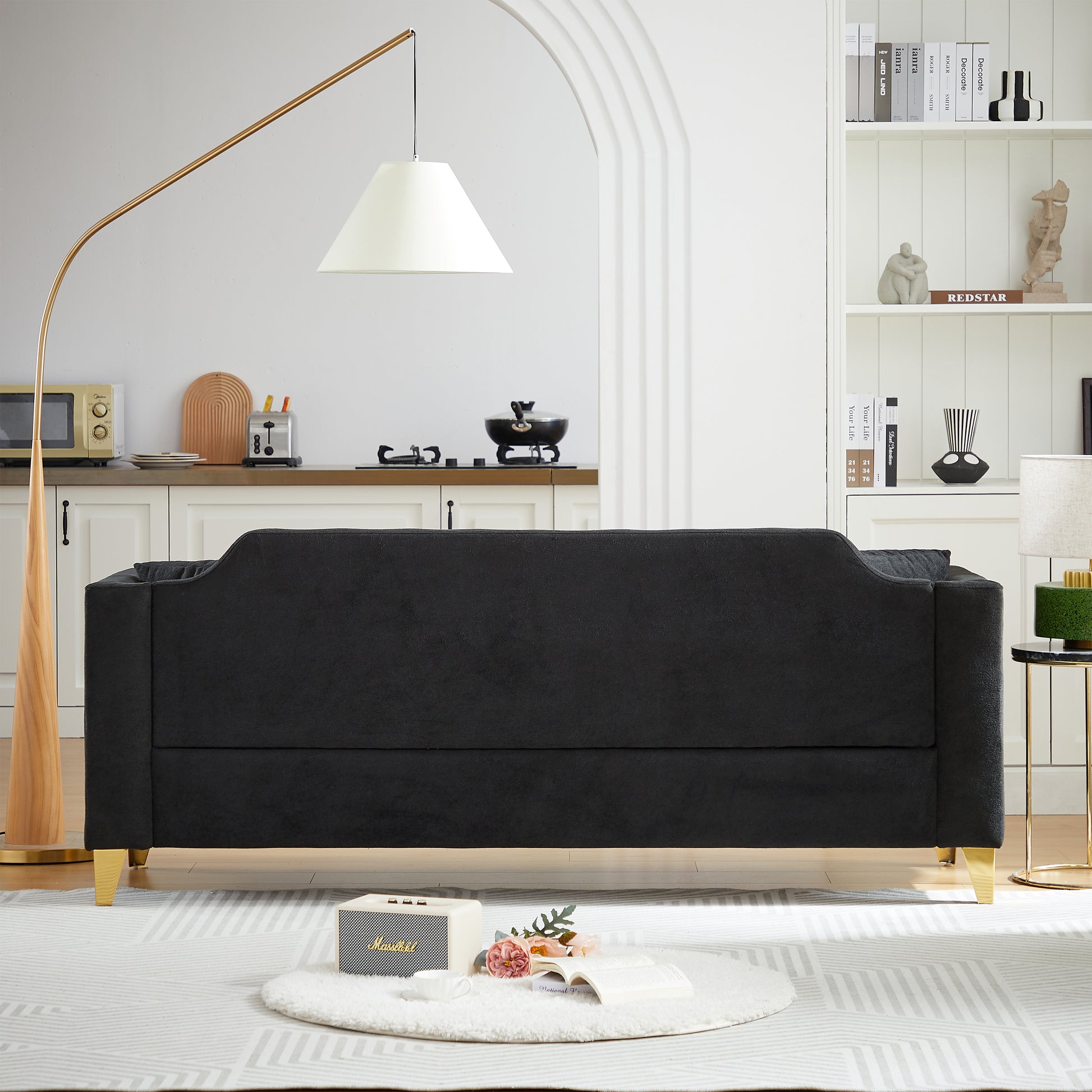 Fx81"Mid Century Design Modern Sofa,Chenille Pull Buckle Design Sofa For Living Room,Buttons Tufted With Copper Nail Decoration Armrest, With 2 Pillows,Modern Couch Upholstered Button And Metal Legs Black Chenille Pine Foam Fabric 3 Seat