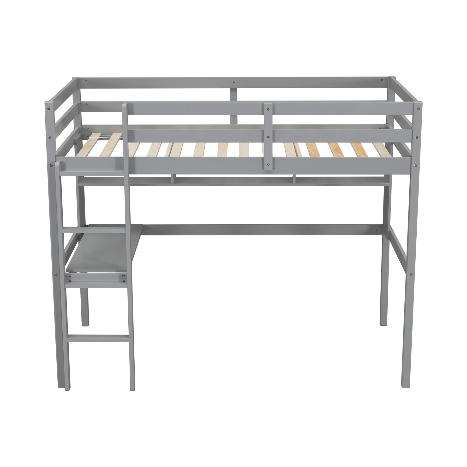 Twin Size Loft Bed With Desk And Shelves, Safety Guardrail And Ladder,Grey Twin Grey Pine