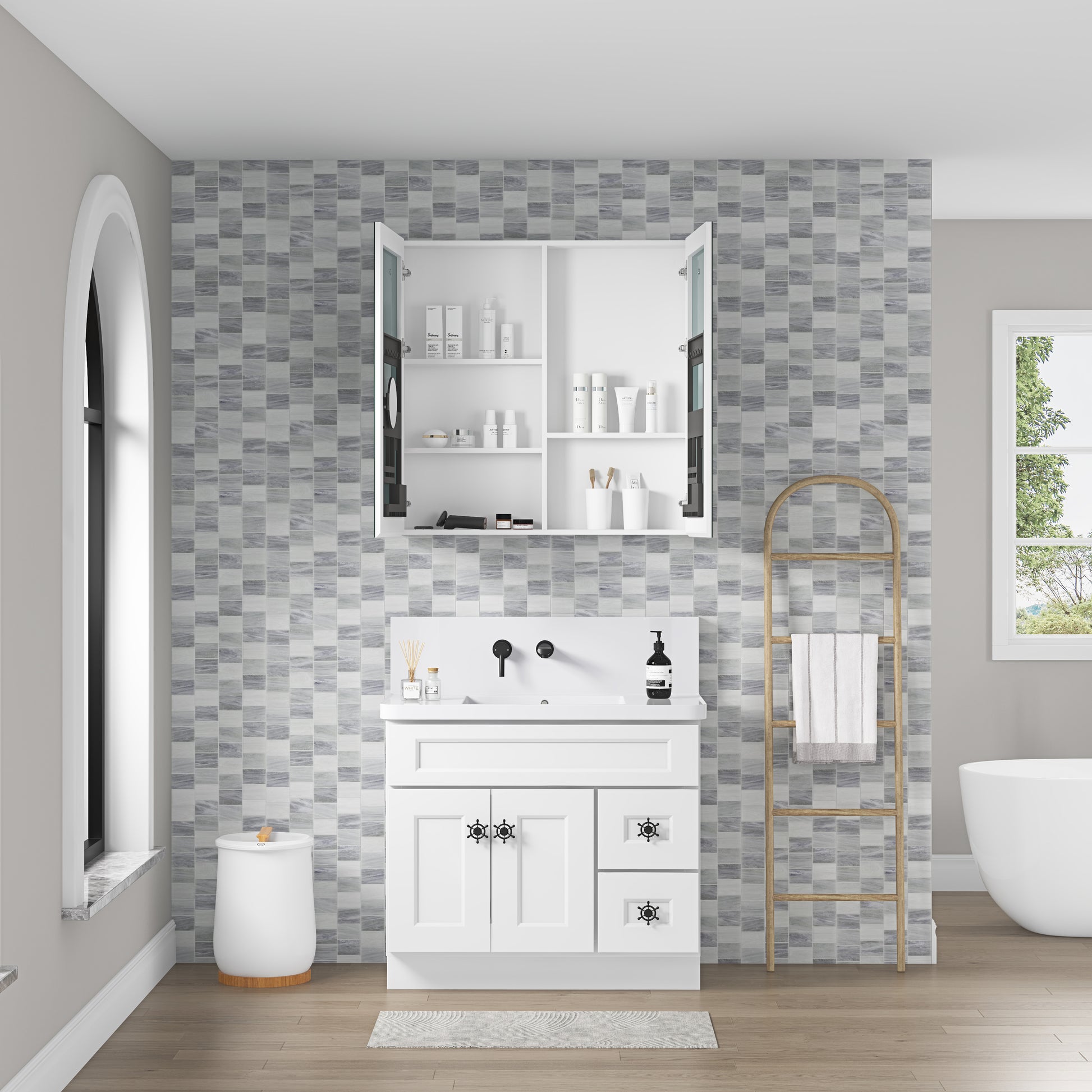 36'' W X 36'' H Bathroom Mirror Medicine Cabinet Wooden Door Medicine Cabinets For Bathroom, Wall Mounted Recessed Or Surface, Bathroom Mirror With Storage White Engineered Wood
