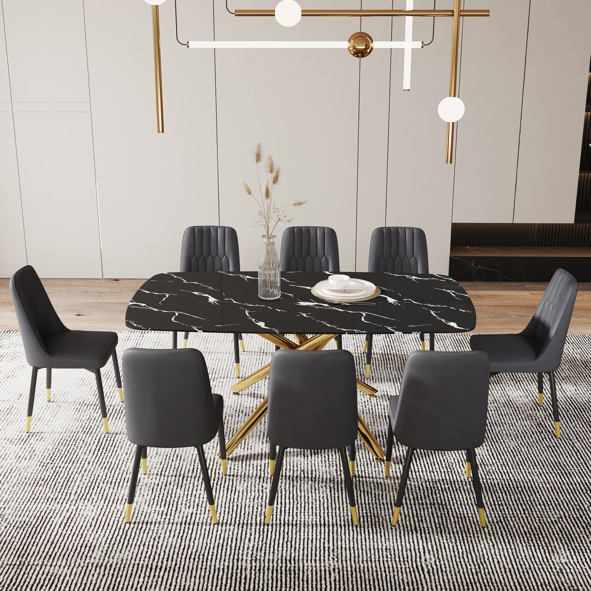 Large Modern Minimalist Rectangular Dining Table With 0.39 "Imitation Marble Black Tabletop And Golden Metal Legs, Paired With Chairs With Pu Cushions And Black Metal Legs. F 1537 C 007 Black Gold Glass Metal