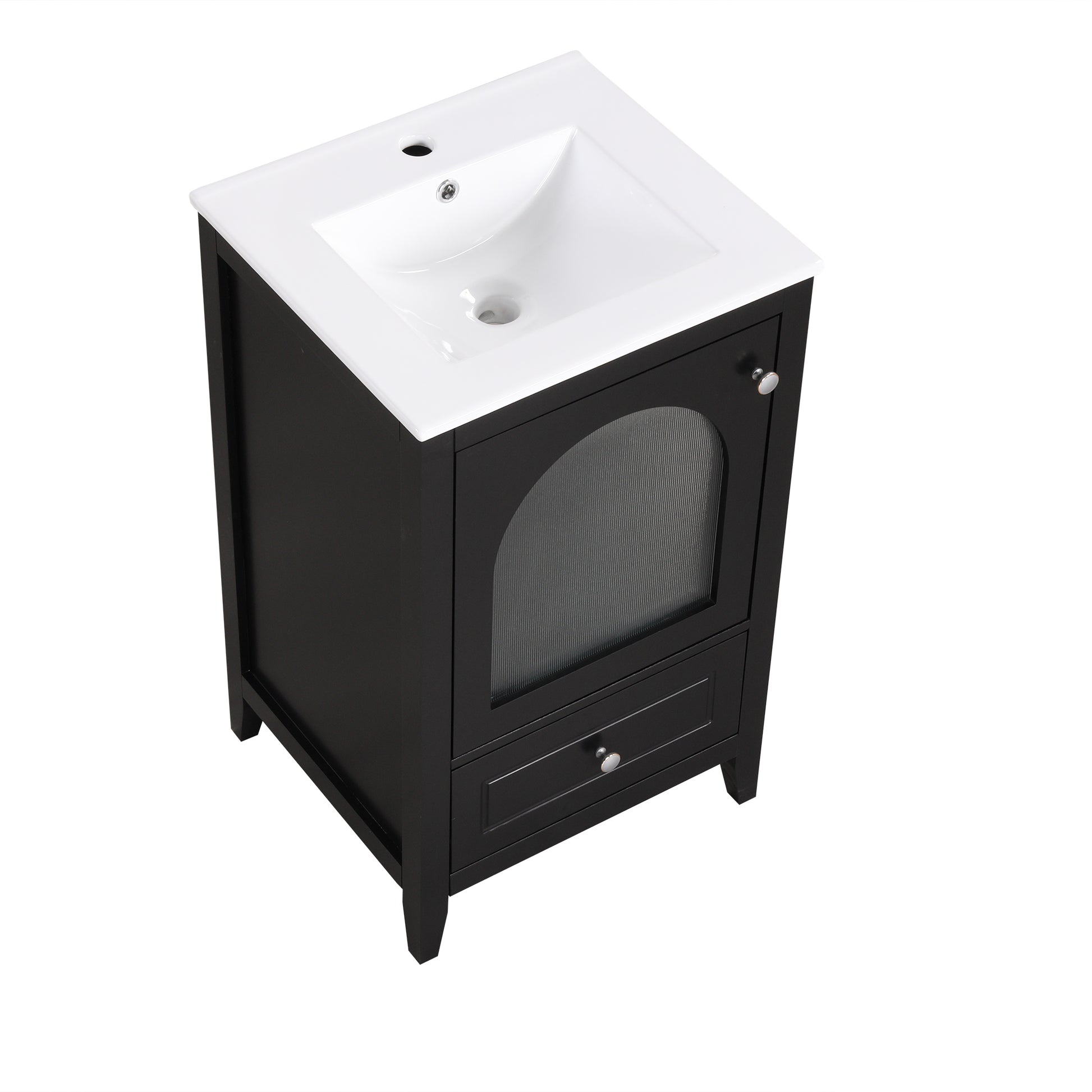 20" Bathroom Vanity With Sink, Bathroom Cabinet With Soft Closing Glass Door, A Drawer, Black Black Mdf