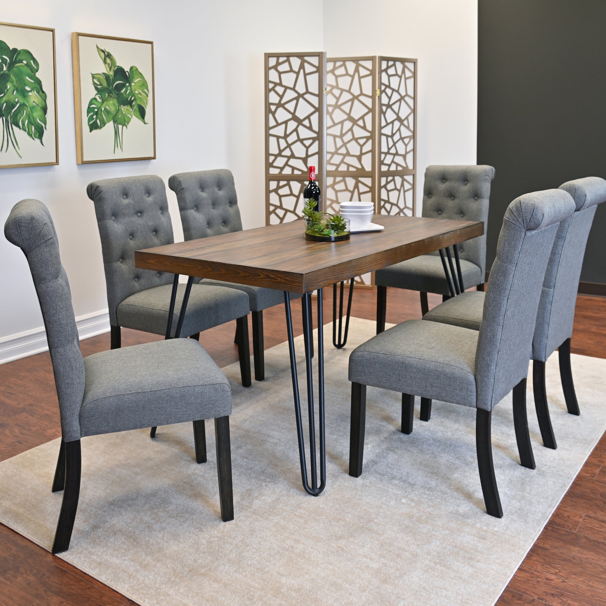 Ashford 7 Piece Dining Set, Hairpin Dining Table With 6 Chairs, 4 Color Options Brown Metal Dining Room Fixed Table Rubberwood Rectangular Dining Table With Chair Wood Wood Brown Seats 6 Rectangular 4 Leg Mdf Metal