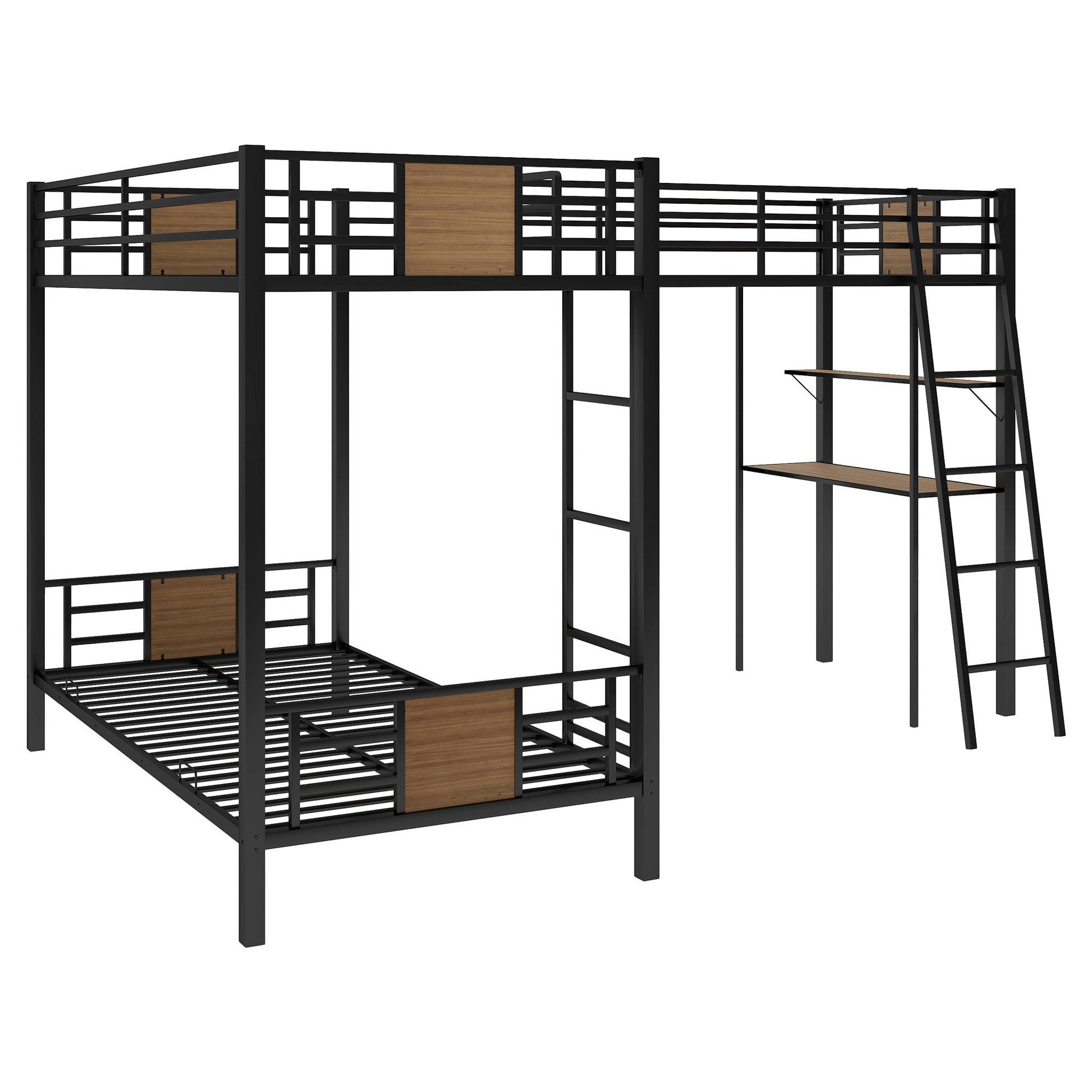 L Shaped Twin Over Twin Bunk Bed With Twin Size Loft Bed With Desk And Shelf ,Brown Brown Steel
