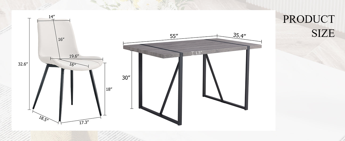 Table And Chair Set, Textured Top In Vintage Retro Grey Wood Grain Desktop, Black Metal Legs. Dining Chair With White Faux Leather Backrest Cushion With Black Metal Legs. Gray,Wood Seats 6 Mdf Metal