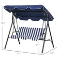 Outsunny 3 Seat Outdoor Patio Swing Chair With Removable Cushion, Steel Frame Stand And Adjustable Tilt Canopy For Patio, Garden, Poolside, Balcony, Backyard, Dark Blue Dark Blue Steel