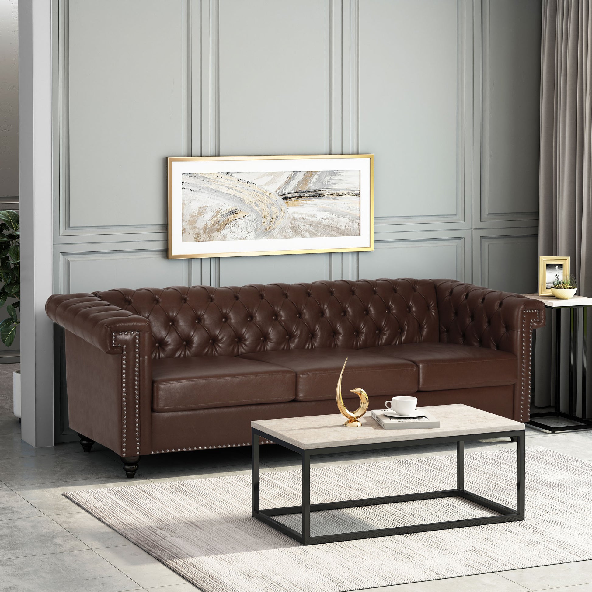 Sofa 3 Seater Dark Brown Pu 3 Seat