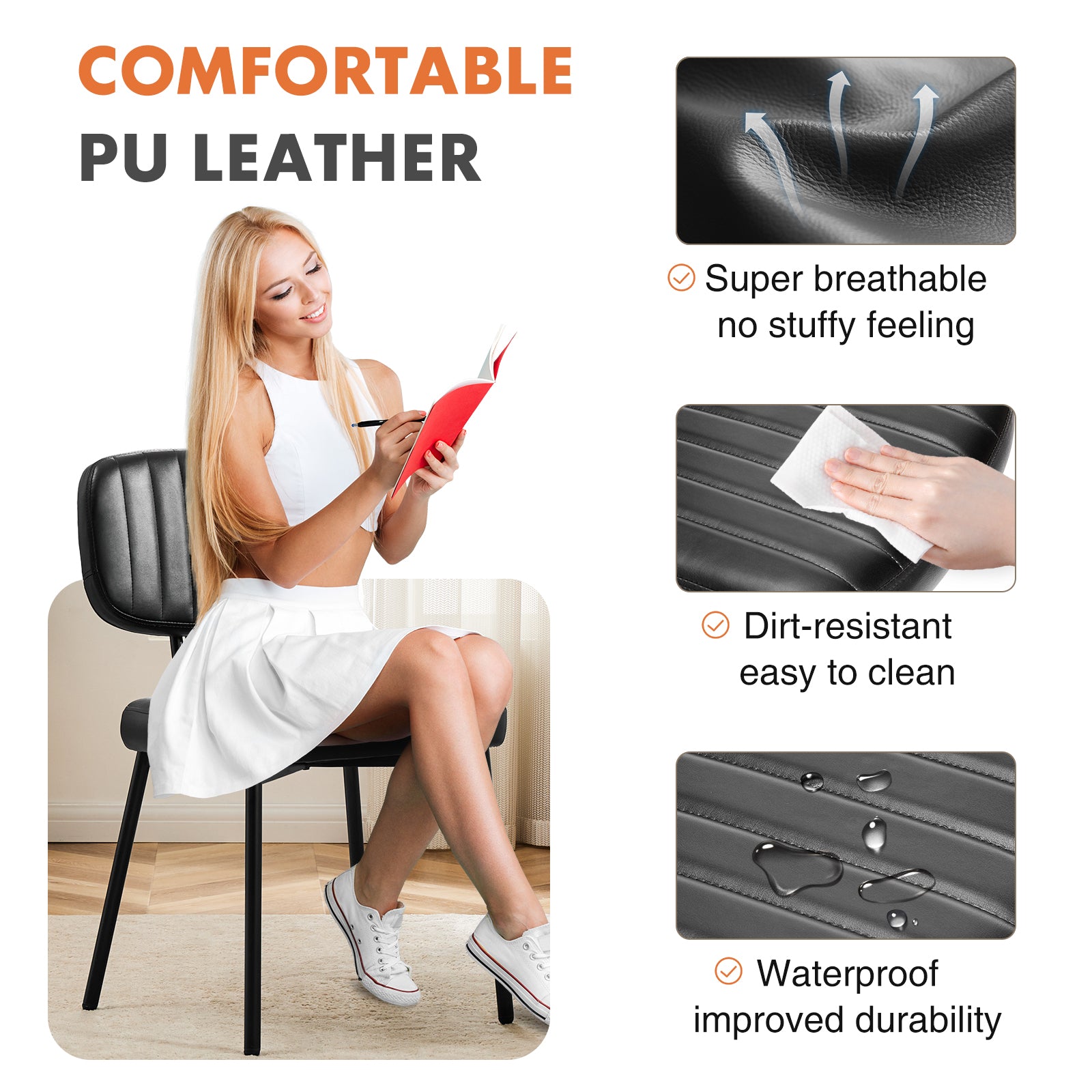 Dining Chairsupholstered Mid Century Modern Kitchen Dining Room Accent Chairs With Faux Leather Cushion Seat & Metal Legs For Kitchen, Living Room Black Set Of 2 Black Abs Rubber Steel Q235