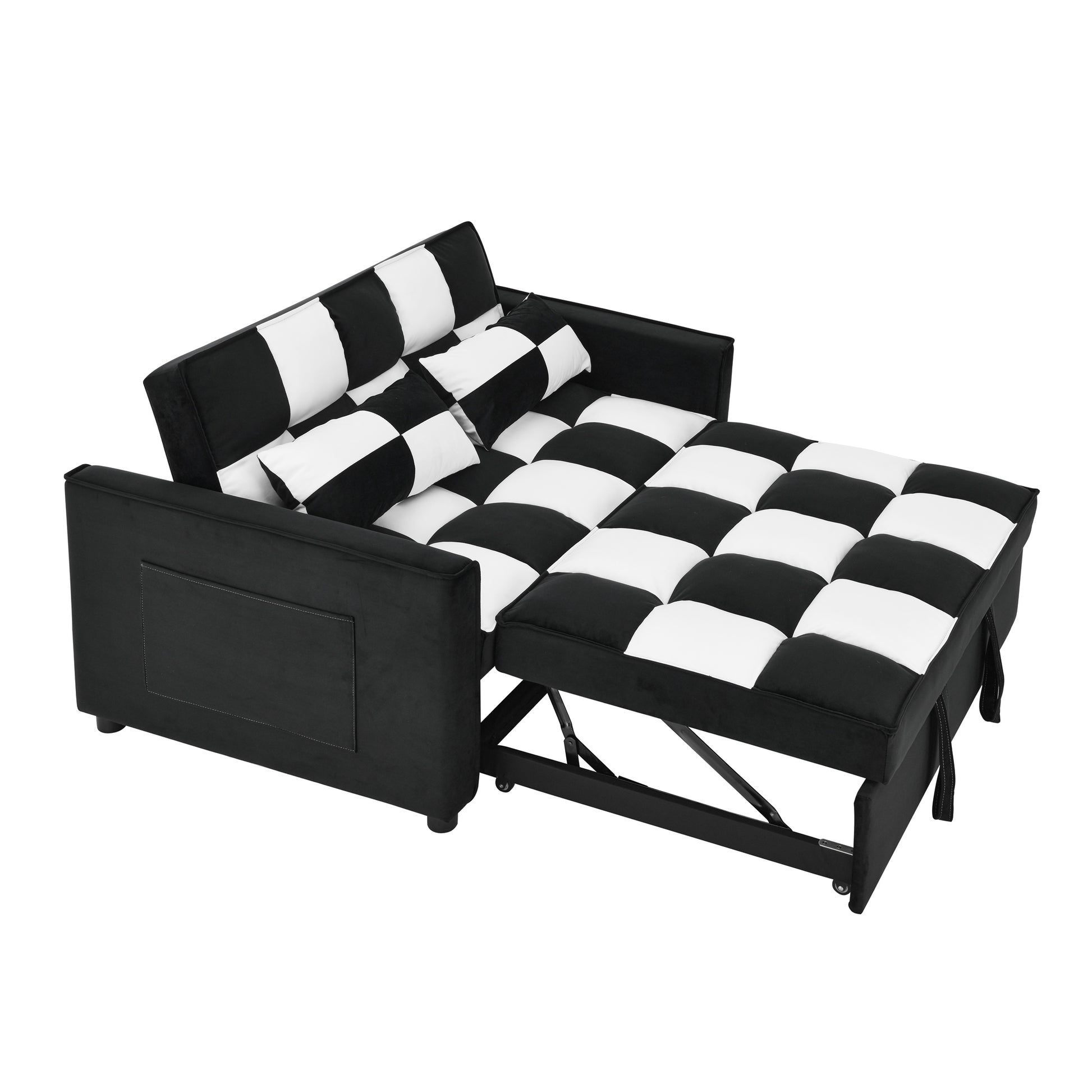 Modern Velvet Seat Sofa Couch Pull Out Bed,3 In One Convertible For Living Room Sofa Bed,Black White Black White Velvet Primary Living Space Cushion Back Medium Soft Medium Duty American Design Pillow Top Arms Foam Velvet 2 Seat
