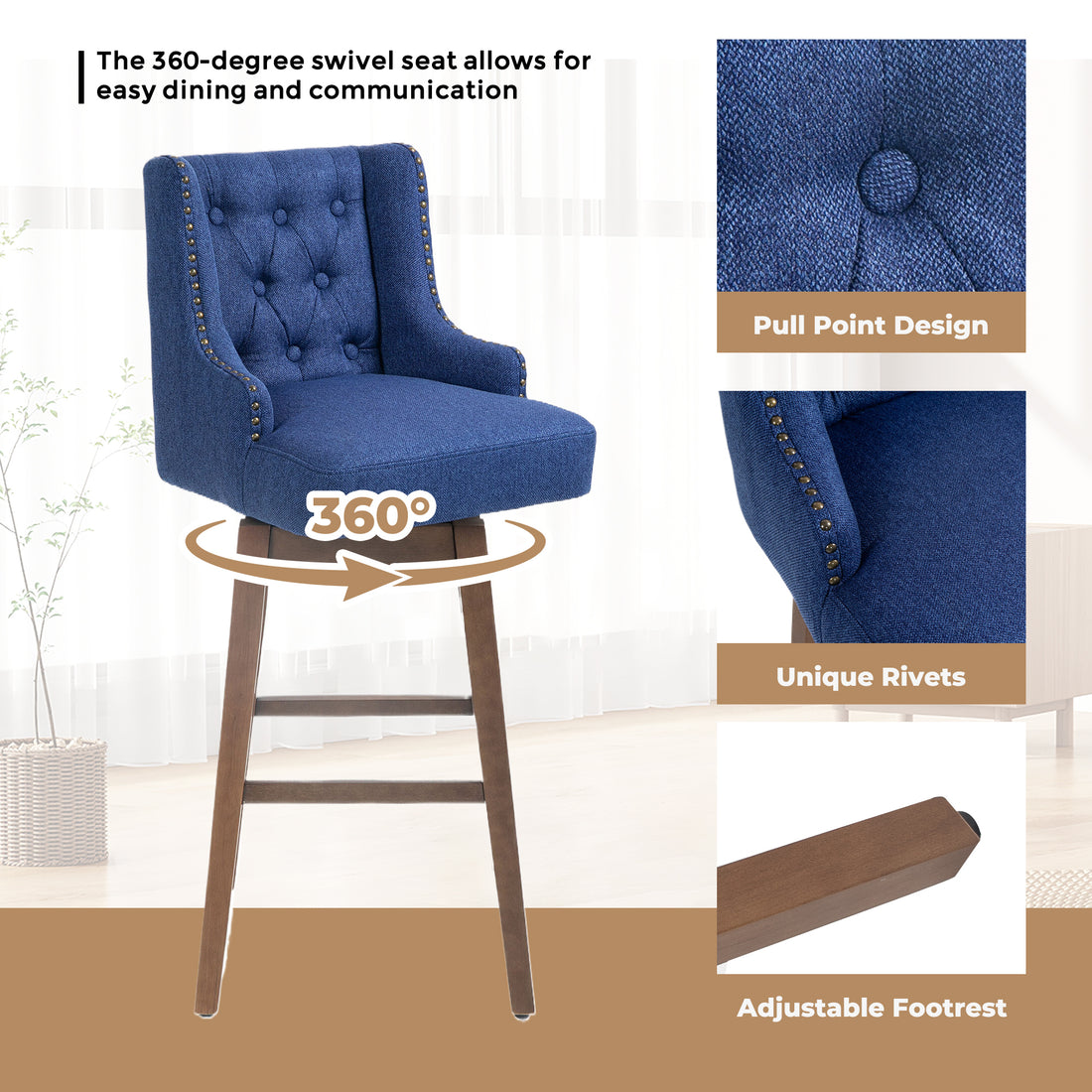 Coolmore Bar Stools Set Of 2 Counter Height Chairs With Footrest For Kitchen, Dining Room And 360 Degree Solid Wood Legs Swivel Bar Stools Set Of 2 Navy Linen Navy Foam Linen