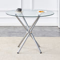 Round Clear Glass Dining Table With A Unique Shape For 4 6 People, With Ring Shaped Gathered Silver Metal Legs, Suitable For Desks, Kitchens, Terraces, Dining Rooms. Silver Glass Metal