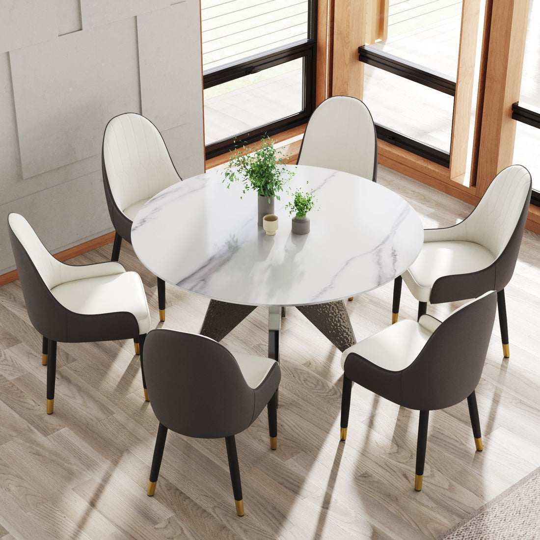 53" Round Marble Dining Table With Silver Stainless Steel Design Base, Artificial Marble For 6 People, Dining Room Living Room Kitchen Dining Table,White Dining Table Only Silver,White Dining Room