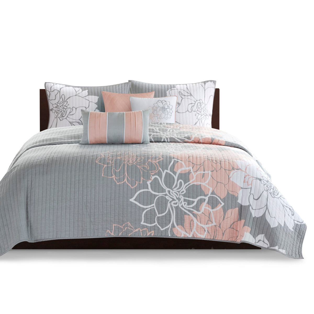 6 Piece Printed Cotton Quilt Set With Throw Pillows Grey Peach King Cal King King Grey Peach Polyester