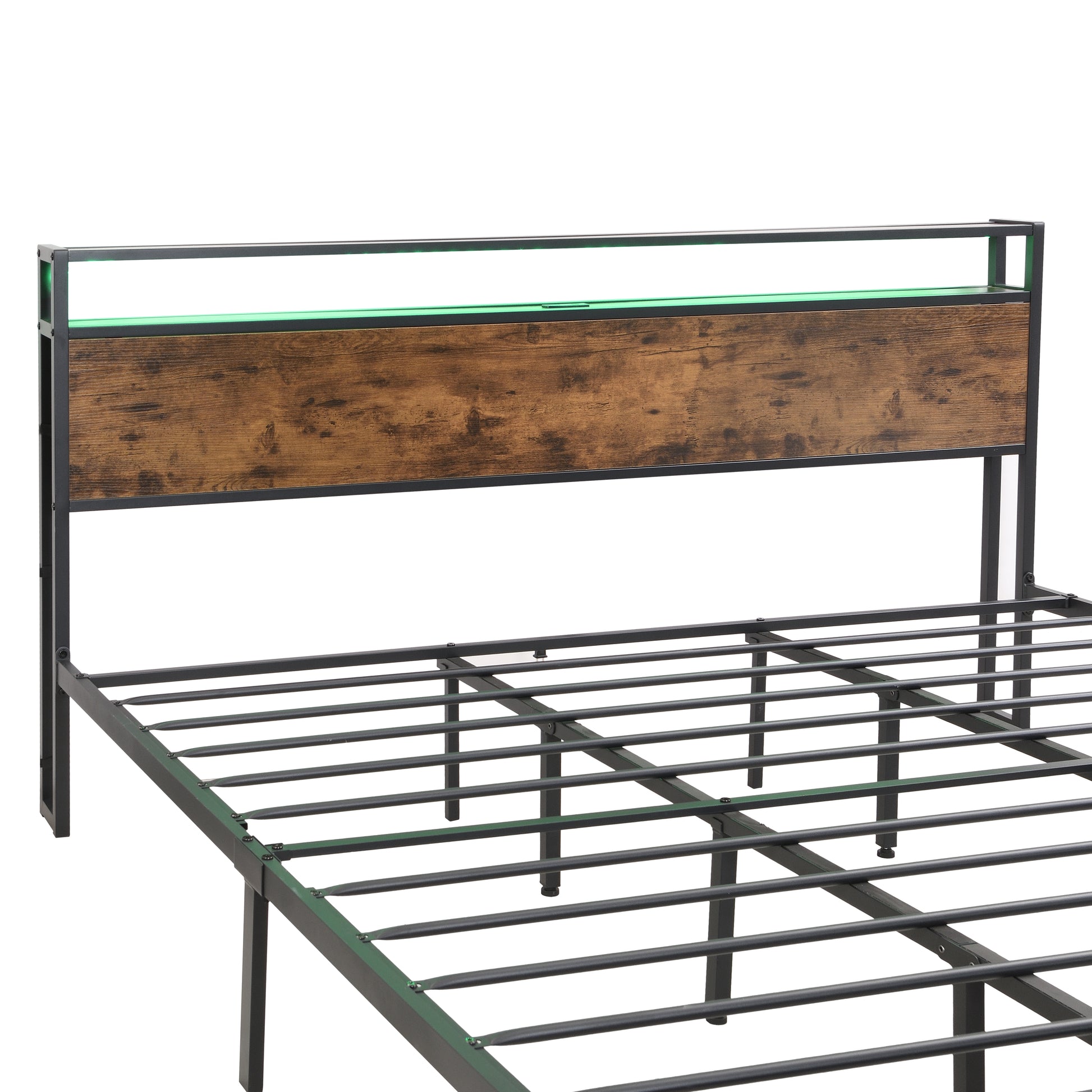 Industrial King Bed Frame With Led Lights And 2 Usb Ports, Bed Frame King Size With Storage, Noise Free, No Box Spring Needed, Rustic Brown Box Spring Not Required King Antique Brown Metal Brown Bedroom Industrial Metal & Wood