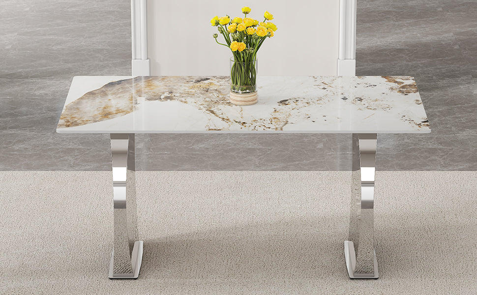 Modern Rectangular Dining Table, Imitation Marbled Rock Plate Table Top, Stainless Steel Table Legs, Suitable For Kitchen, Dining Room, Living Room 63 Inches * 31.4 Inches. Silver Sintered Stone