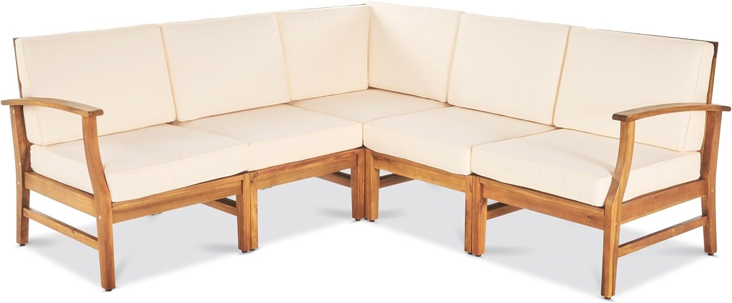 Perla 5 Pcs Sofa Set, Cream Cream Acacia Wood