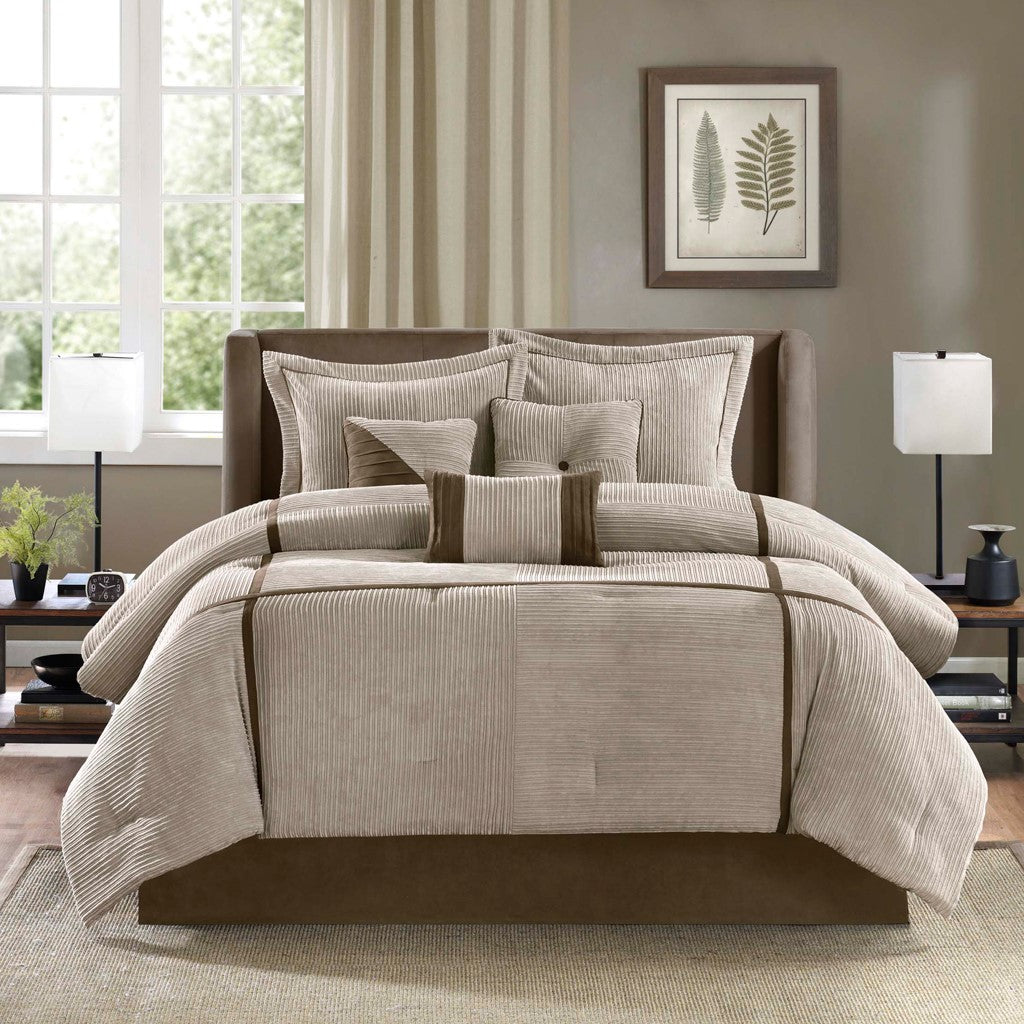 7 Piece Micro Corduroy Comforter Set Taupe King King Taupe Polyester
