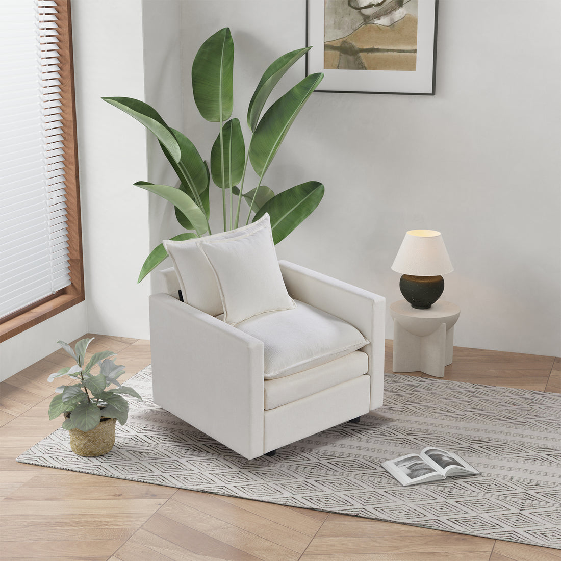 Chenille Fabric Comfy Deep Single Seat Sofa Upholstered Reading Armchair Living Room White Foam Chenille 1 Seat