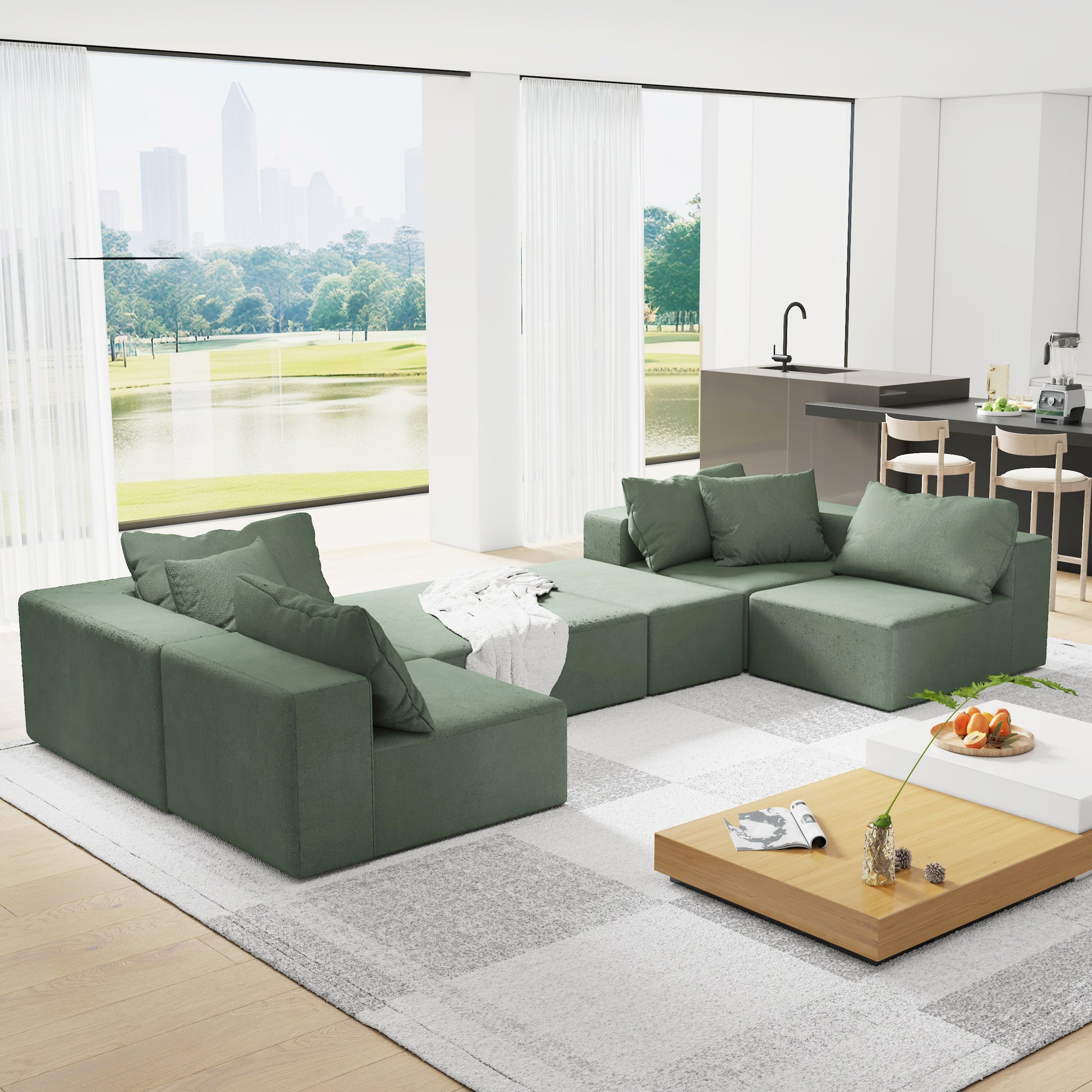 Modern Upholstered Sectional Sofa Couch Set,Modular 132" L Shaped Sectional Living Room Sofa Set With 6 Pillows,Free Combination Sofa Couch For Living Room,Bedroom Green Foam Chenille 6 Seat
