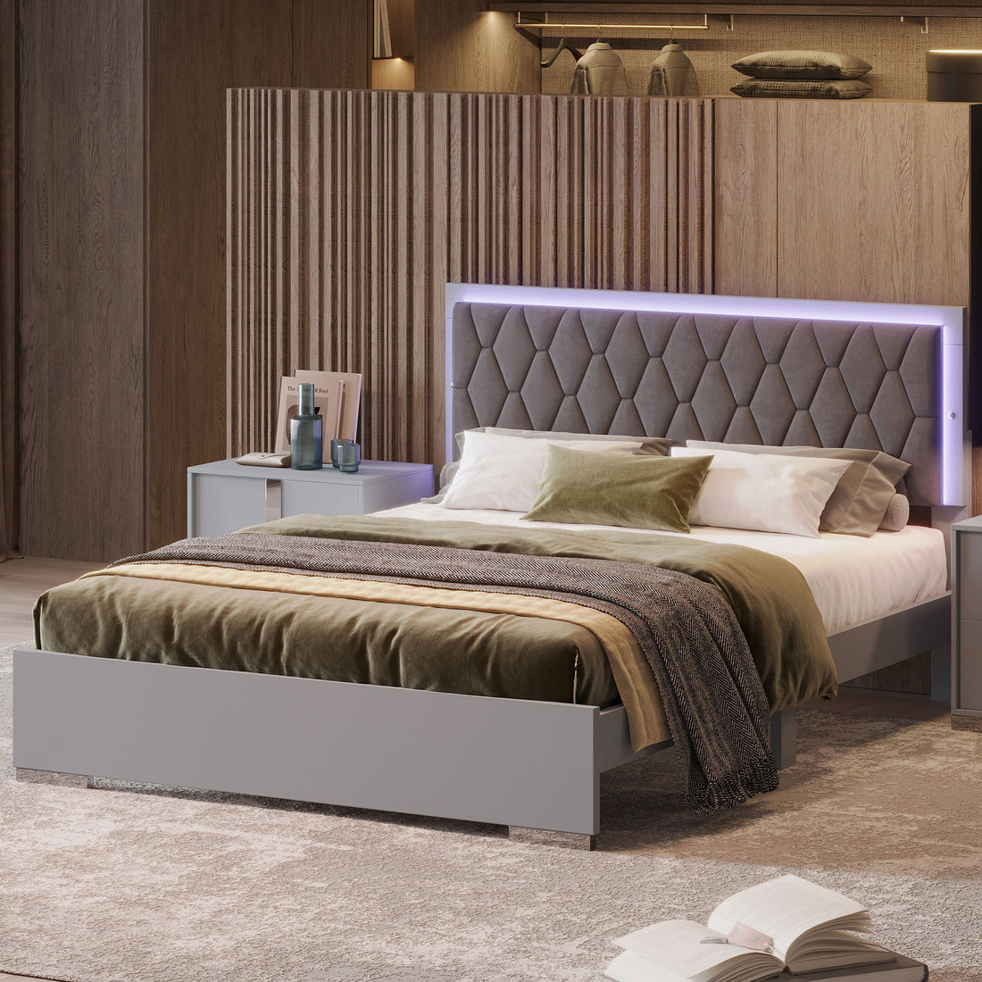 Queen Size Upholstered Bed With Led Lights,Modern Platform Bed With Velvet Headboard,Grey Queen Grey Mdf