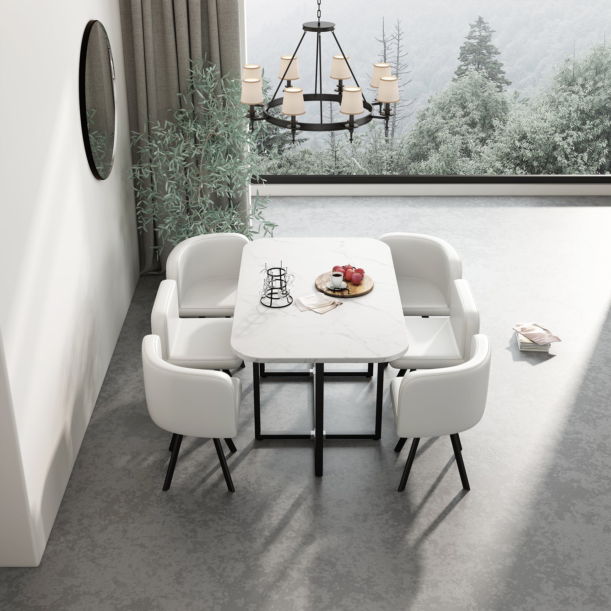 Modern 7 Pieces Dining Table Set, Rectangle Dining Table With 6 Chairs For Dining Room, Kitchen White Pu Leather