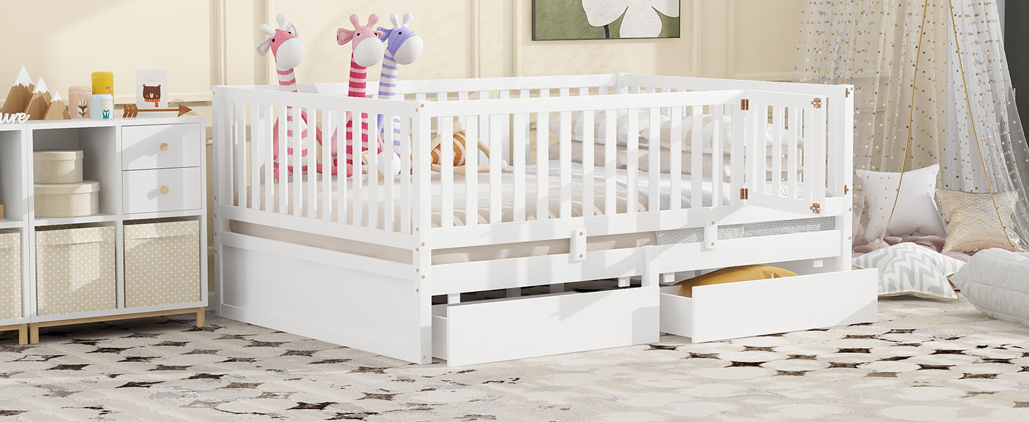 Full Size Wood Daybed With Fence Guardrails And 2 Drawers, Split Into Independent Floor Bed & Daybed, White Old Sku :Lp000882Aak Full White Solid Wood Mdf