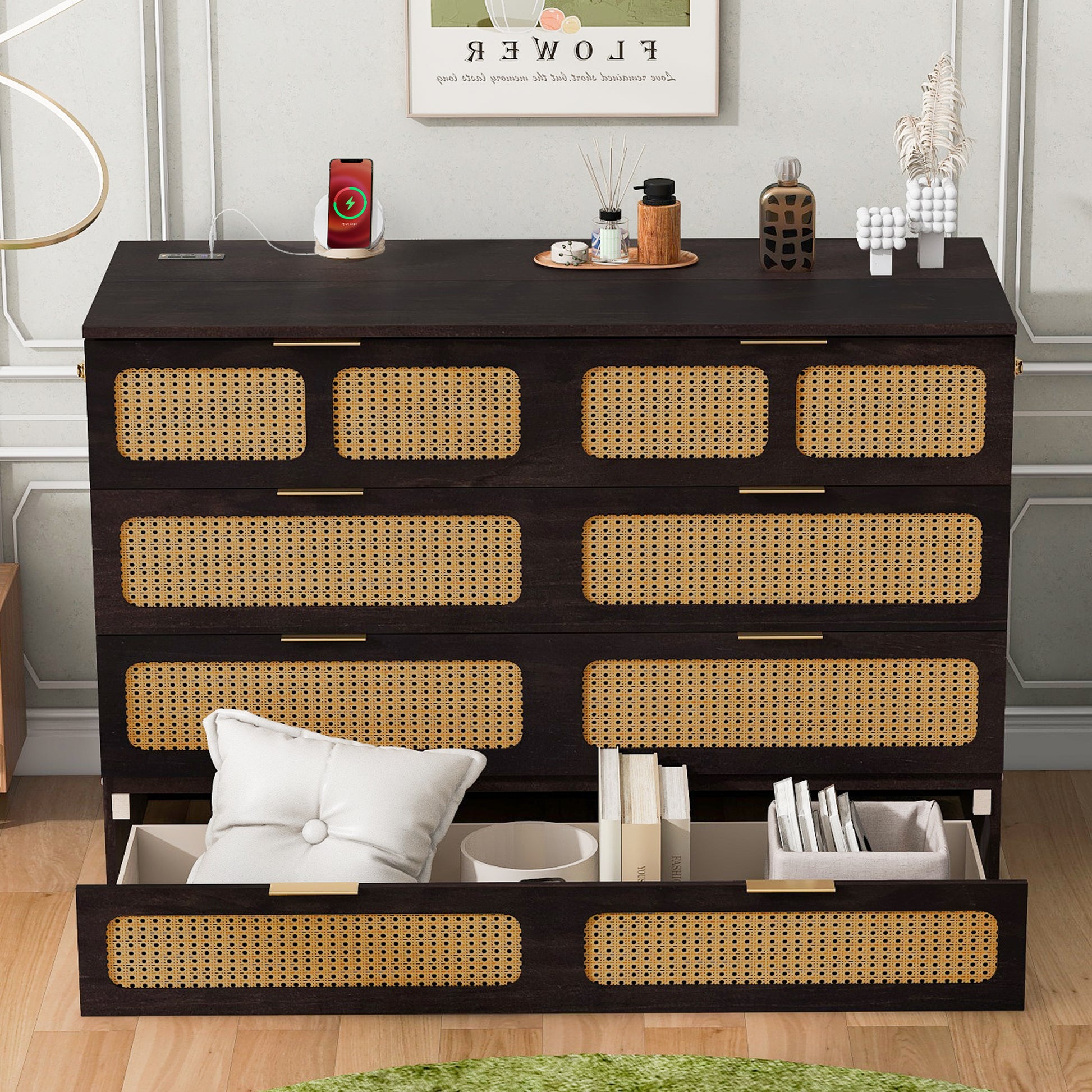 Queen Murphy Bed With Large Drawers,Espresso Queen Espresso Plywood