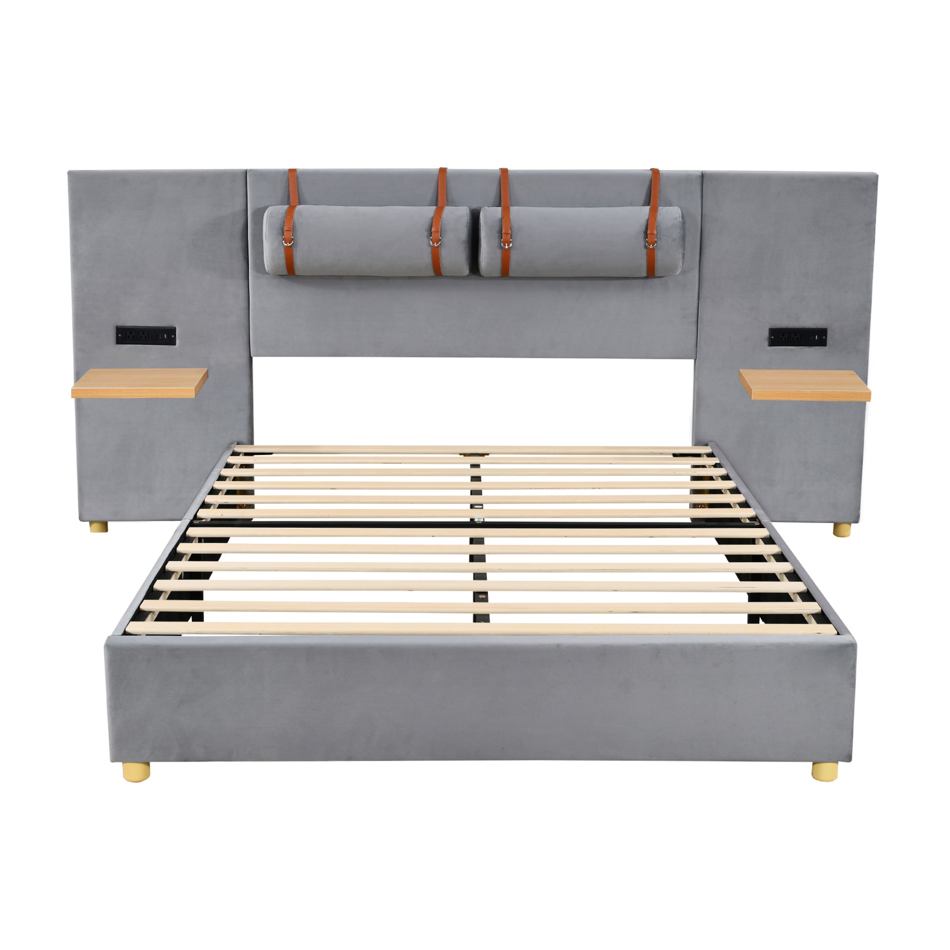 Queen Upholstered Platform Bed, Two Outlets And Usb Charging Ports On Both Sides, Two Bedside Pillows, Storage Shelves, Velvet,Gray Queen Gray Mdf Lvl