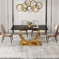 Table And Chair Set.Modern Rectangular Dining Table With Black Textured Stickers Glass Tabletop And Gold Plated Metal Legs.Paried With 4 Comfortable Chairs With Pu Seats And Black Metal Legs. Black Gold,Brown,Light Gray Seats 4 Glass Metal