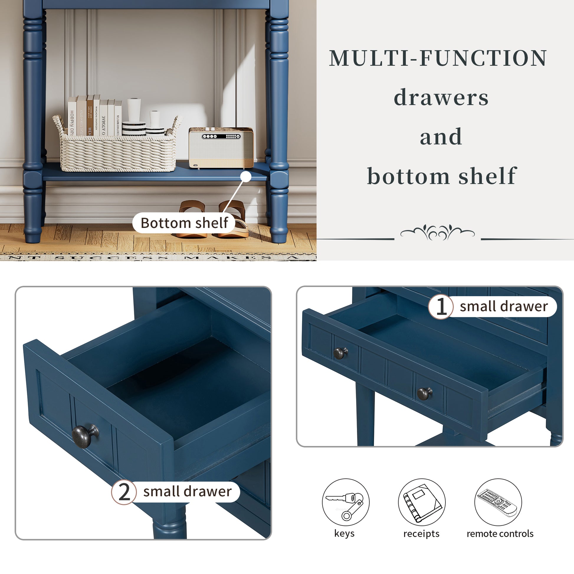 Narrow Console Table, Slim Sofa Table With Three Storage Drawers And Bottom Shelf Navy Navy Solid Wood Mdf